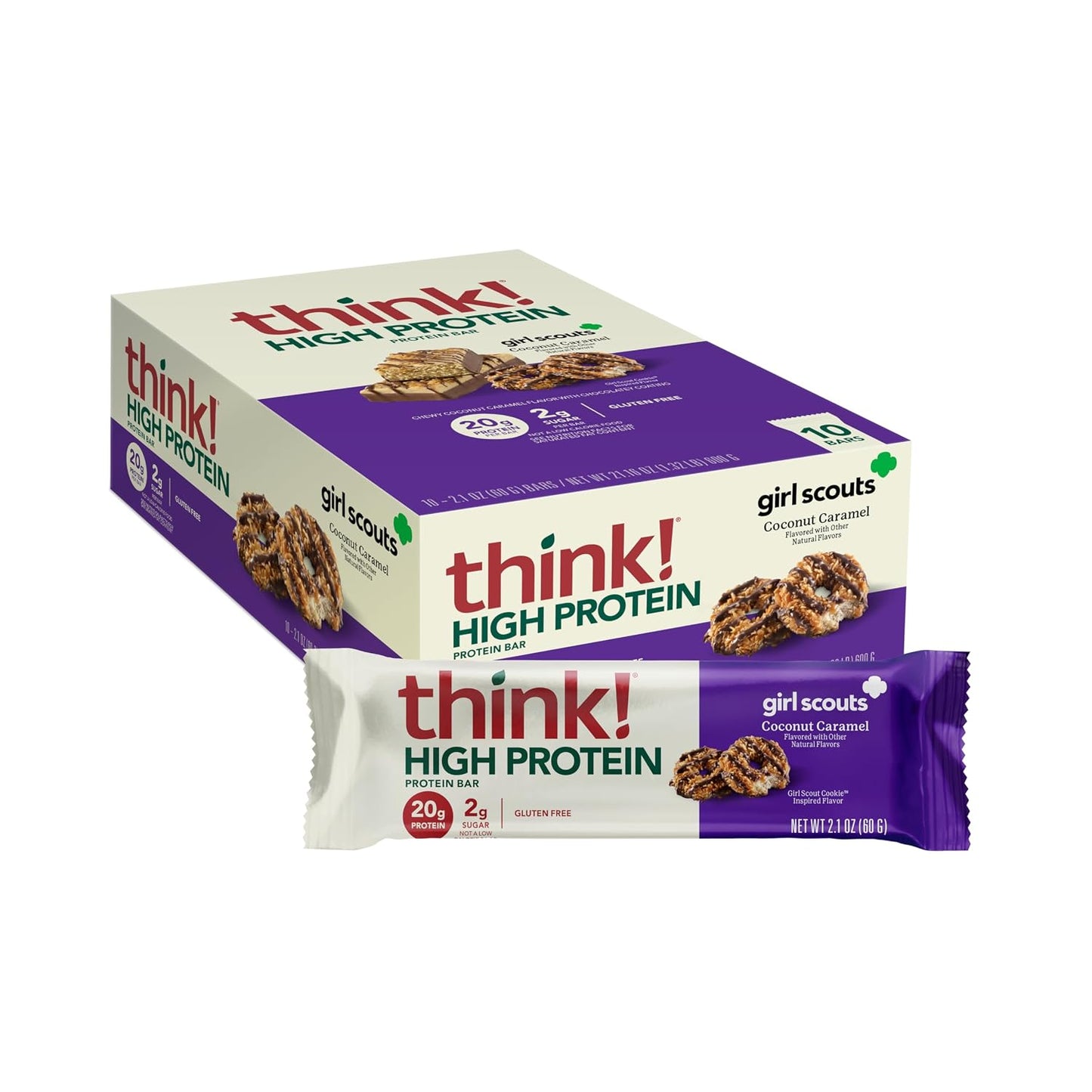think! Protein Bars, High Protein Snacks, Gluten Free, Kosher Friendly, White Chocolate, Nutrition Bars, 2.1 Oz per Bar, 10 Count (Packaging May Vary)