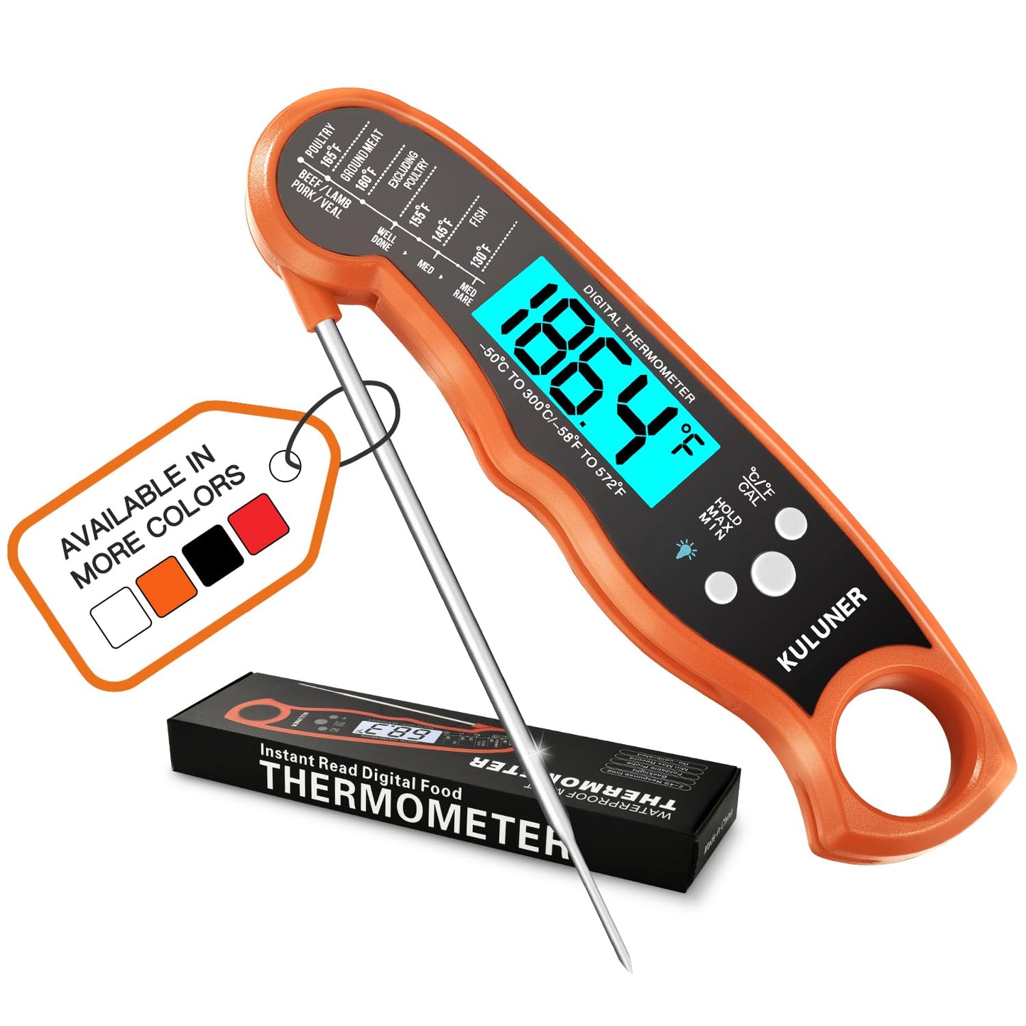 KULUNER Digital Meat Thermometer Instant Read, Waterproof Probe with Backlight & Calibration, Ultra Fast 2-3s Reading, Stainless Steel Kitchen Food Thermometer for Grilling BBQ Cooking Candy - Black