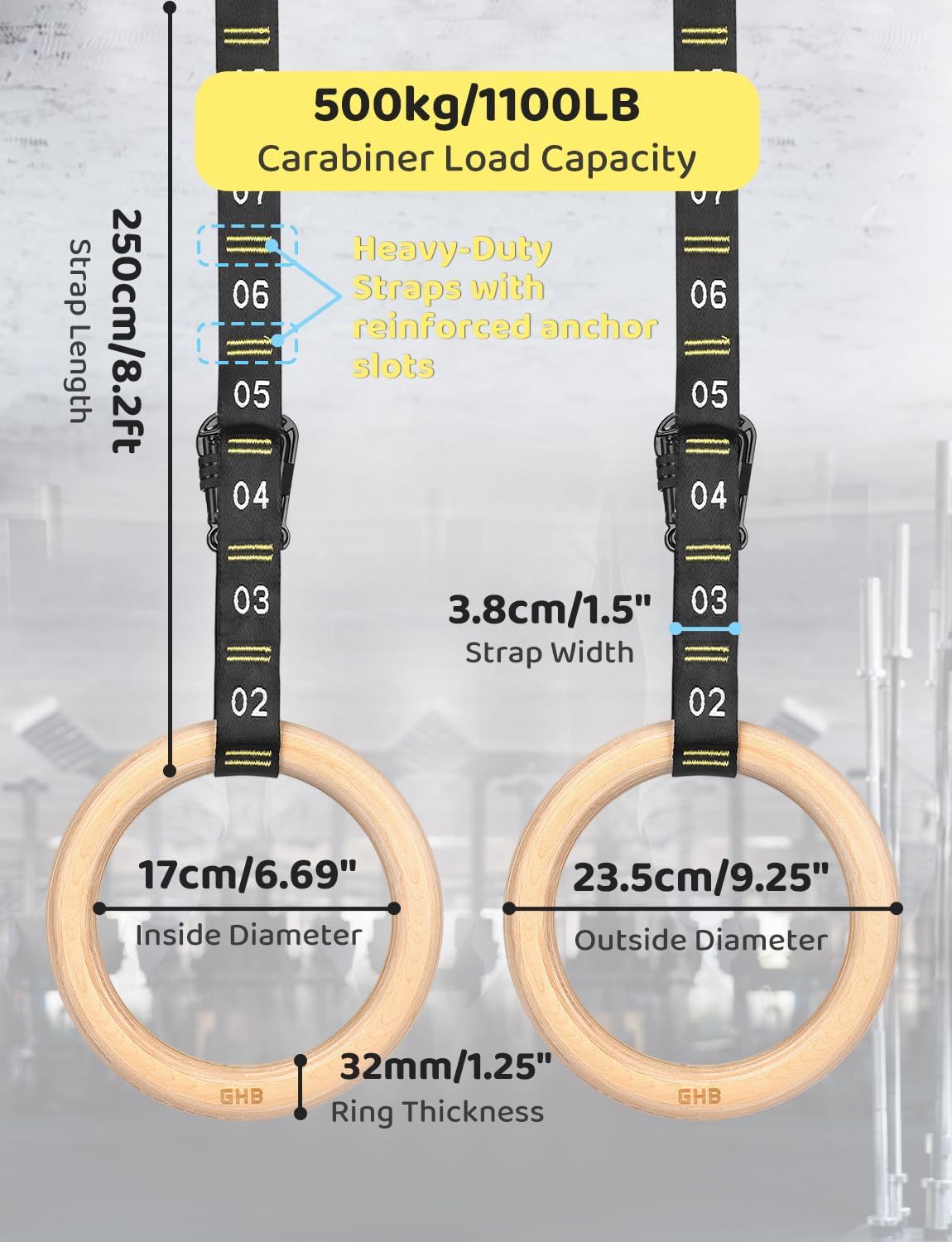 GHB 1.25" Olympic Rings Wooden Gymnastic Rings - Adjustable Straps, Workout Rings for Bodyweight Fitness