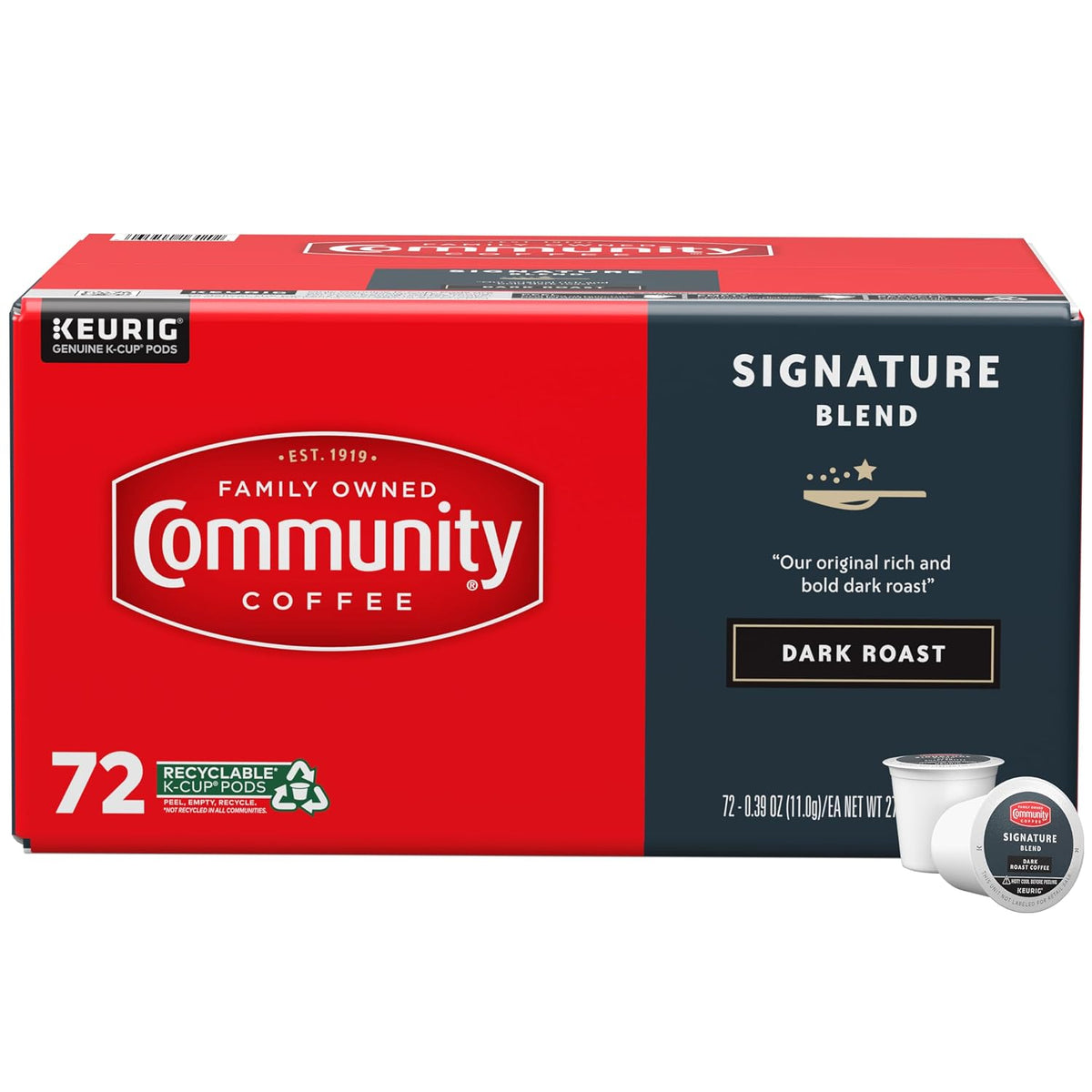 Community Coffee Signature Blend 72 Count Coffee Pods Dark Roast Compatible with Keurig 2.0 K-Cup Brewers