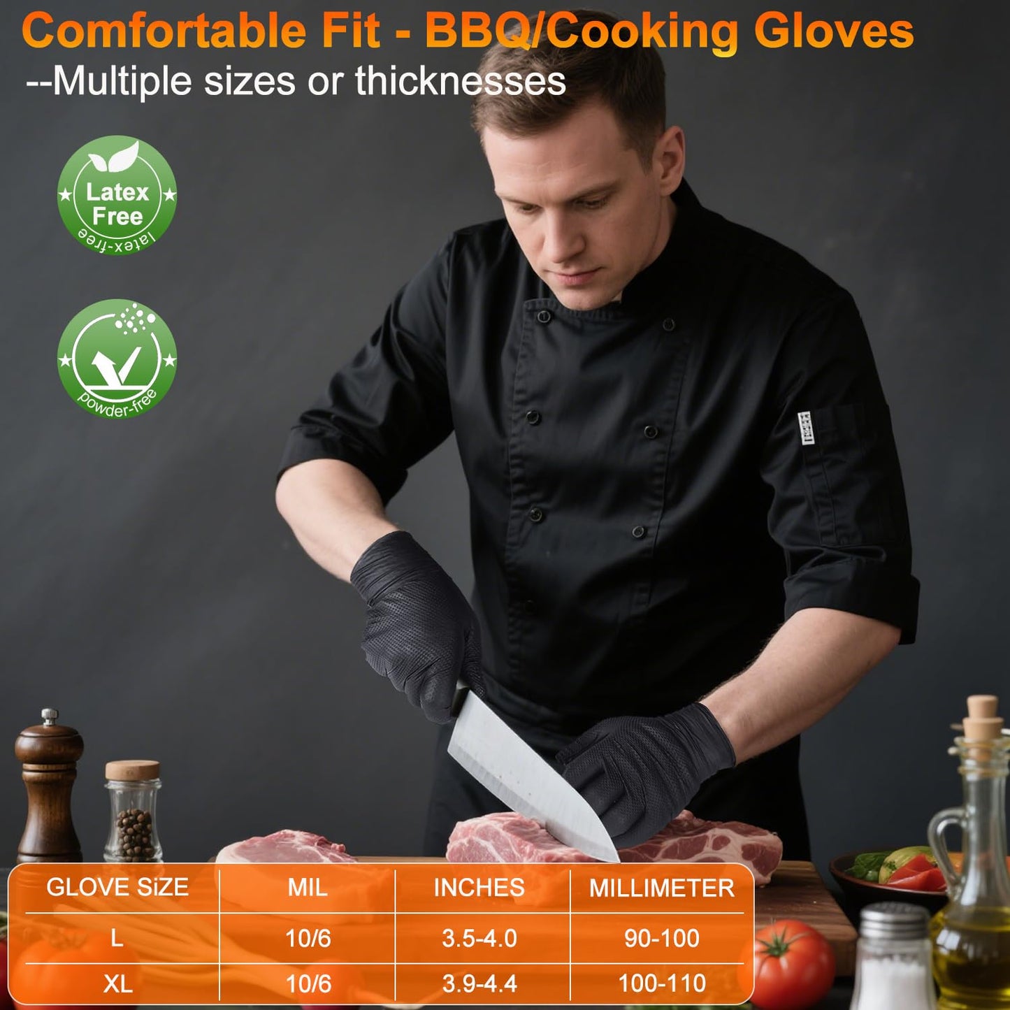 ANBOSON BBQ Gloves Disposable, Heat Resistant Grilling Gloves for Cooking | 10Mil Heavy Duty Nitrile Gloves-100Ct &4 Cotton Liners for Meat Handling Smoker for Hot Food Prep,Non-Slip Grip,Large,Black