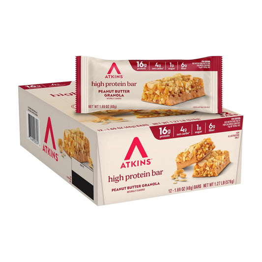 Atkins Peanut Butter Granola High Protein Bar, 12 Count, 16g Protein, 1g Sugar, 4g Net Carb