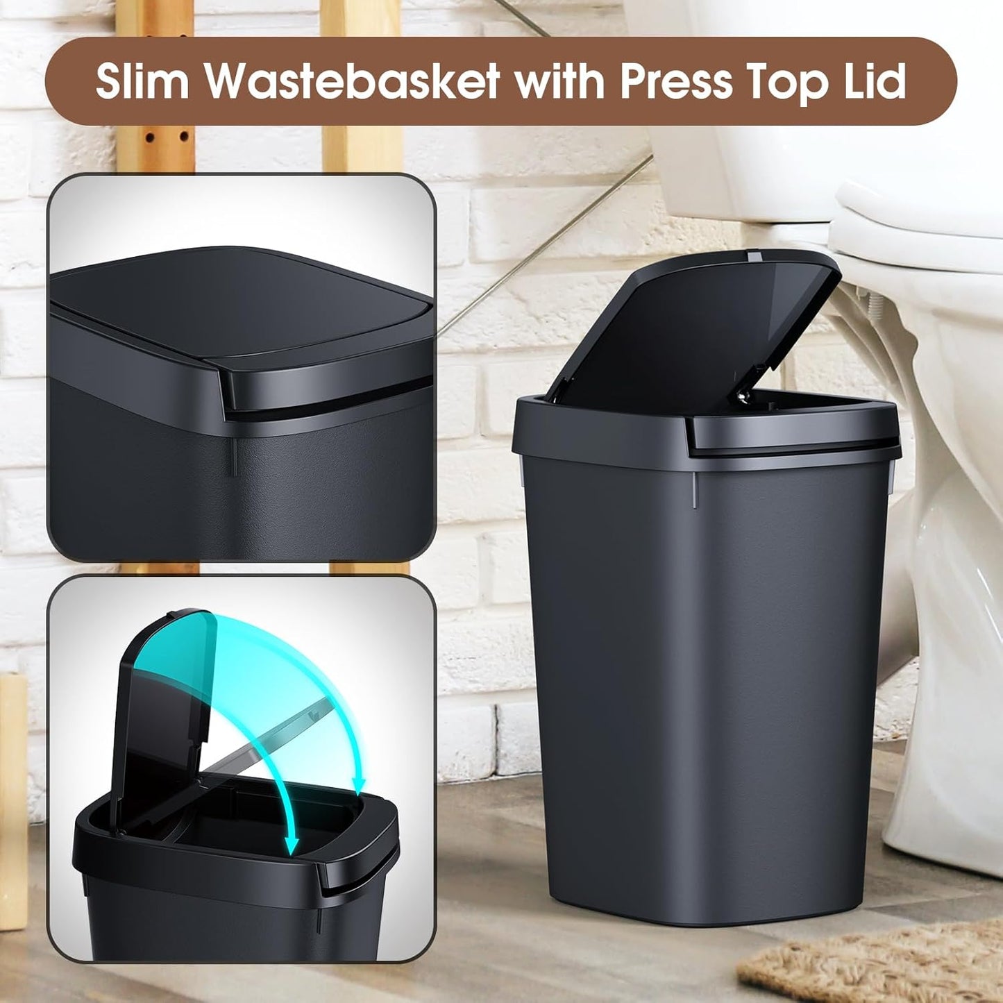 CEROELDA 3 Pack Bathroom Trash Can with Lid, 10L/2.6 Gal Small Garbage Can with Press Top Lid, Slim Plastic Waste Basket for Toilet, Office, Bedroom (Muti 1)