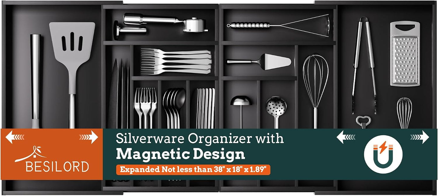 Silverware Organizer Large, Magnetic Connected Expandable 13 Slots Silverware Drawer Organizer From 21 to 37.4 Inches, Adjustable Flatware and Cutlery Holder, Bamboo Utensil Tray for Kitchen Natural