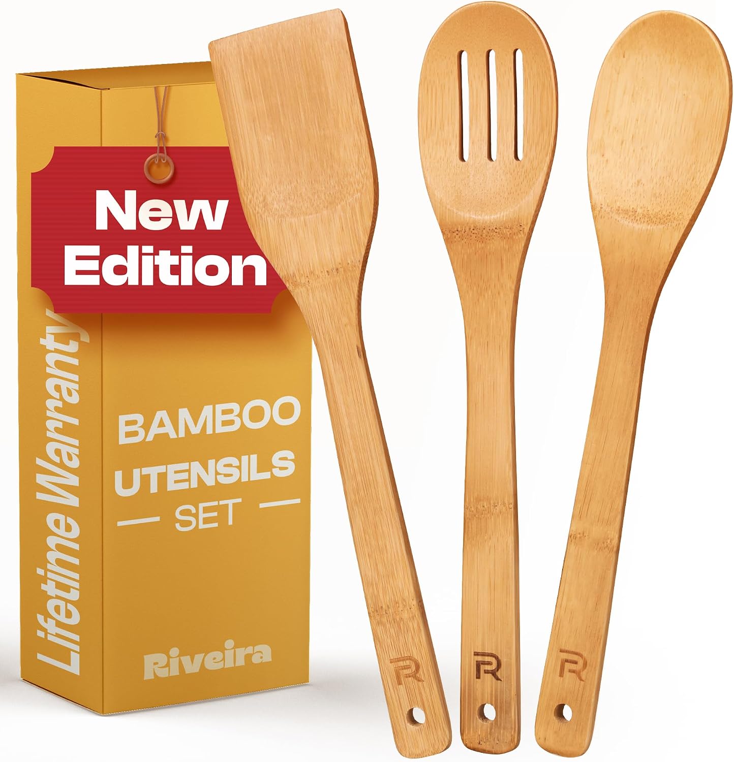 Riveira Bamboo Cooking Spoons 6-Piece – Wooden Cooking Utensils Set with Wooden Spoons for Cooking & Spatulas Wooden Utensil Sets – Premium Kitchen Utensils Set – Durable First Apartment Essentials