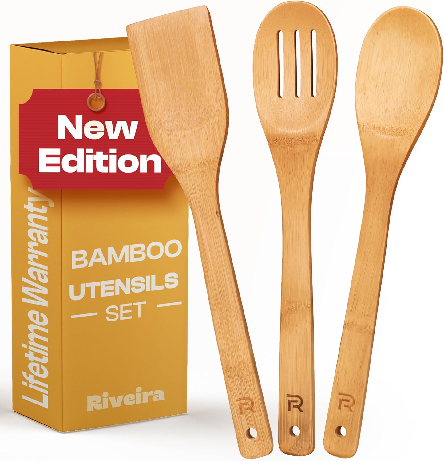 Riveira Dark Bamboo Wooden Spoons for Cooking 6-Piece, Apartment Essentials Wood Spatula Spoon Nonstick Kitchen Utensil Set Premium Quality Housewarming Gifts for Everyday Use