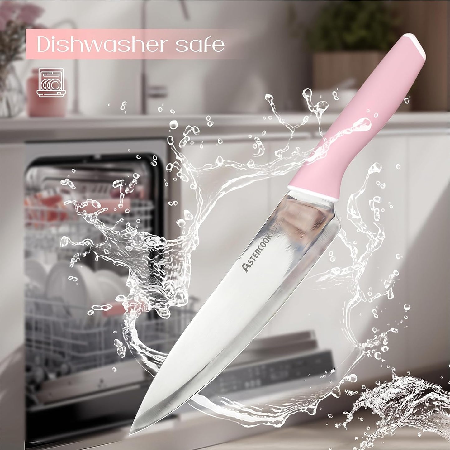 Astercook Knife Set, Kitchen Knives Set with Block and Sharpener 15 Pcs German Stainless Steel Knives Sharp Blade Dishwasher Safe Deba Knives with Ergonomic Handle, Crystal Pink