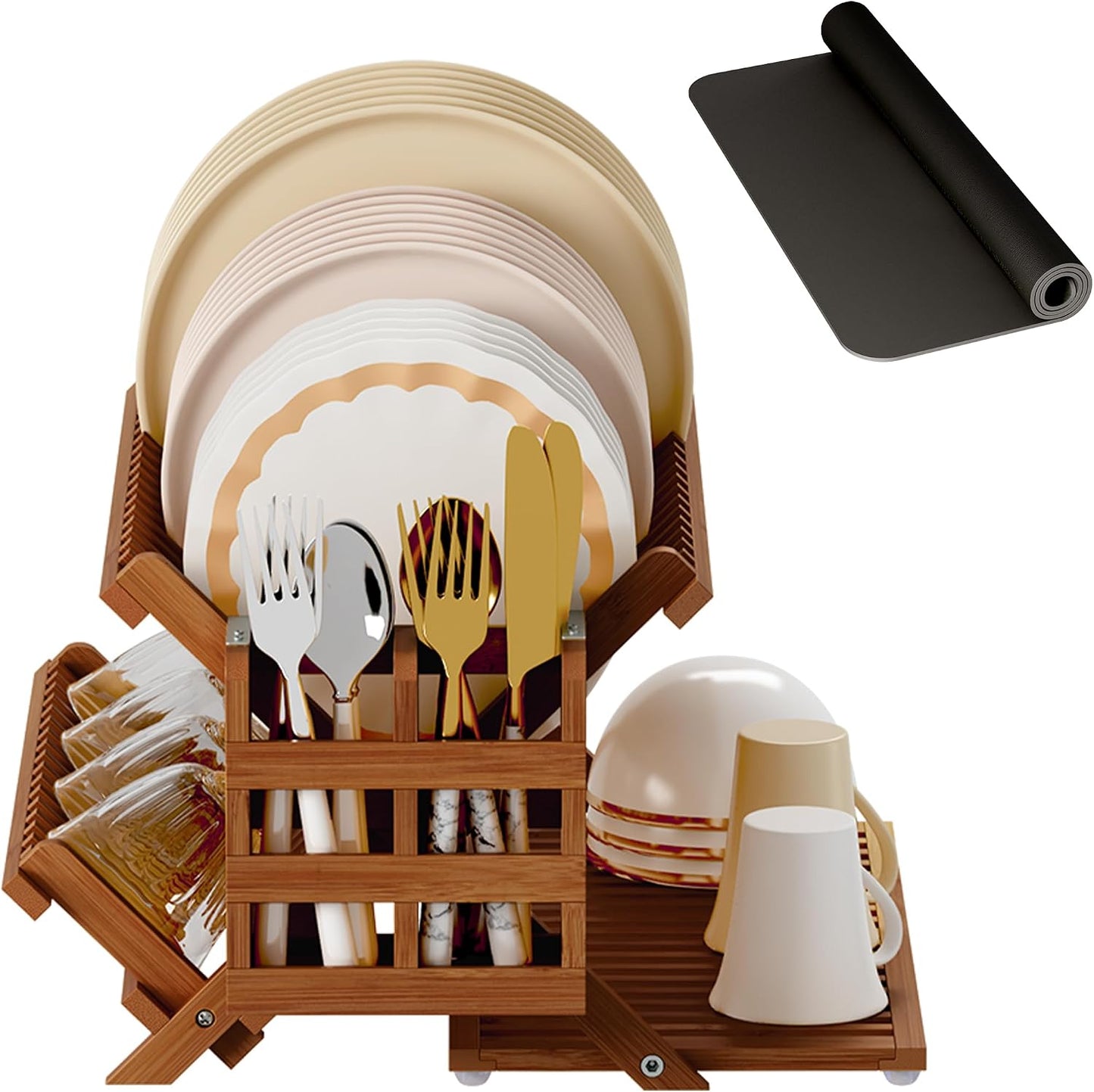 Greenual Bamboo Dish Drying Rack with Utensil Holder, 3 Tier Collapsible Dish Rack, Wooden Dish Racks for Kitchen Counter, Large Folding Drying Holder with Absorbent Dish Drying Mat