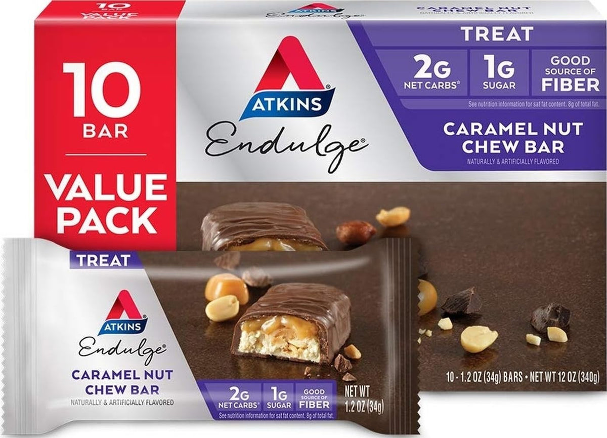 Atkins Endulge Caramel Nut Chew Bar, Low Sugar Snack, 10 Count