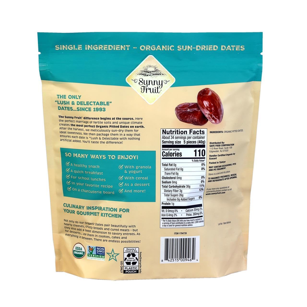 Sunny Fruit Organic Pitted Dates 48oz Bulk Bag