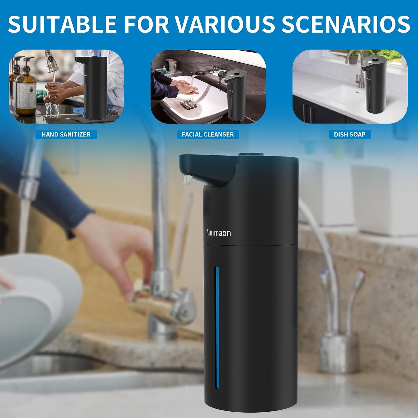 Aunmaon Automatic Soap Dispenser Touchless,15-Level,Kitchen Bath Black | Hands-Free,15-Level Dial Control,Thick & Thin Soap Compatible,Long Battery Life,Easy for Toddlers,Wall Mountable