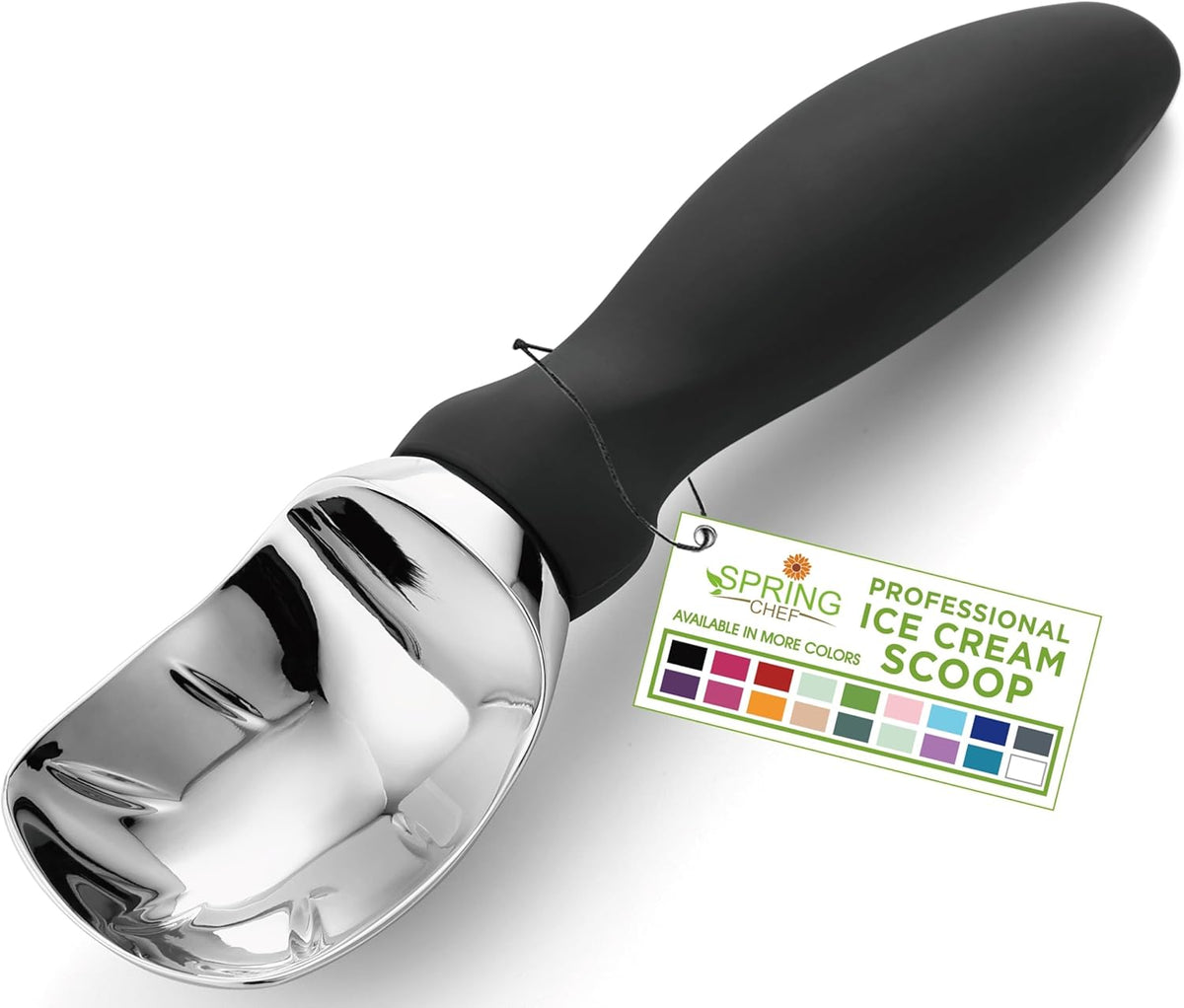 Spring Chef Heavy Duty Metal Ice Cream Scoop with Soft Grip Handle, Black | Professional Ice Cream Scooper for Kitchen, Dishwasher Safe Ice Cream Spoon for Gelato, Sorbet, Cookie Dough, Sundae, Melon