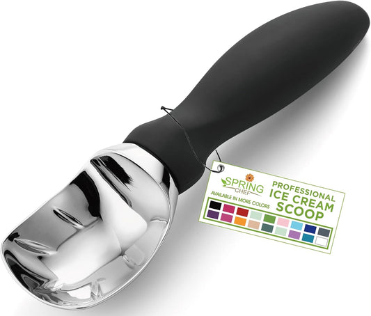 Spring Chef Heavy Duty Metal Ice Cream Scoop with Soft Grip Handle, Black | Professional Ice Cream Scooper for Kitchen, Dishwasher Safe Ice Cream Spoon for Gelato, Sorbet, Cookie Dough, Sundae, Melon