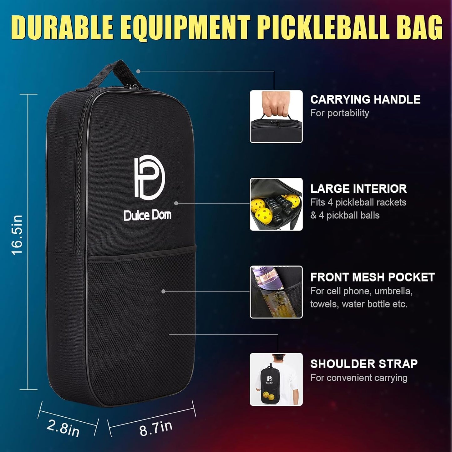 DULCE DOM Pickleball Paddles Set of 2/4 - USAPA Approved, Fiberglass/Carbon Fiber Pickleball Racket with 4 Indoor Outdoor Pickleball Balls and Pickleball Bag, Ideal Pickleball Training Equipment
