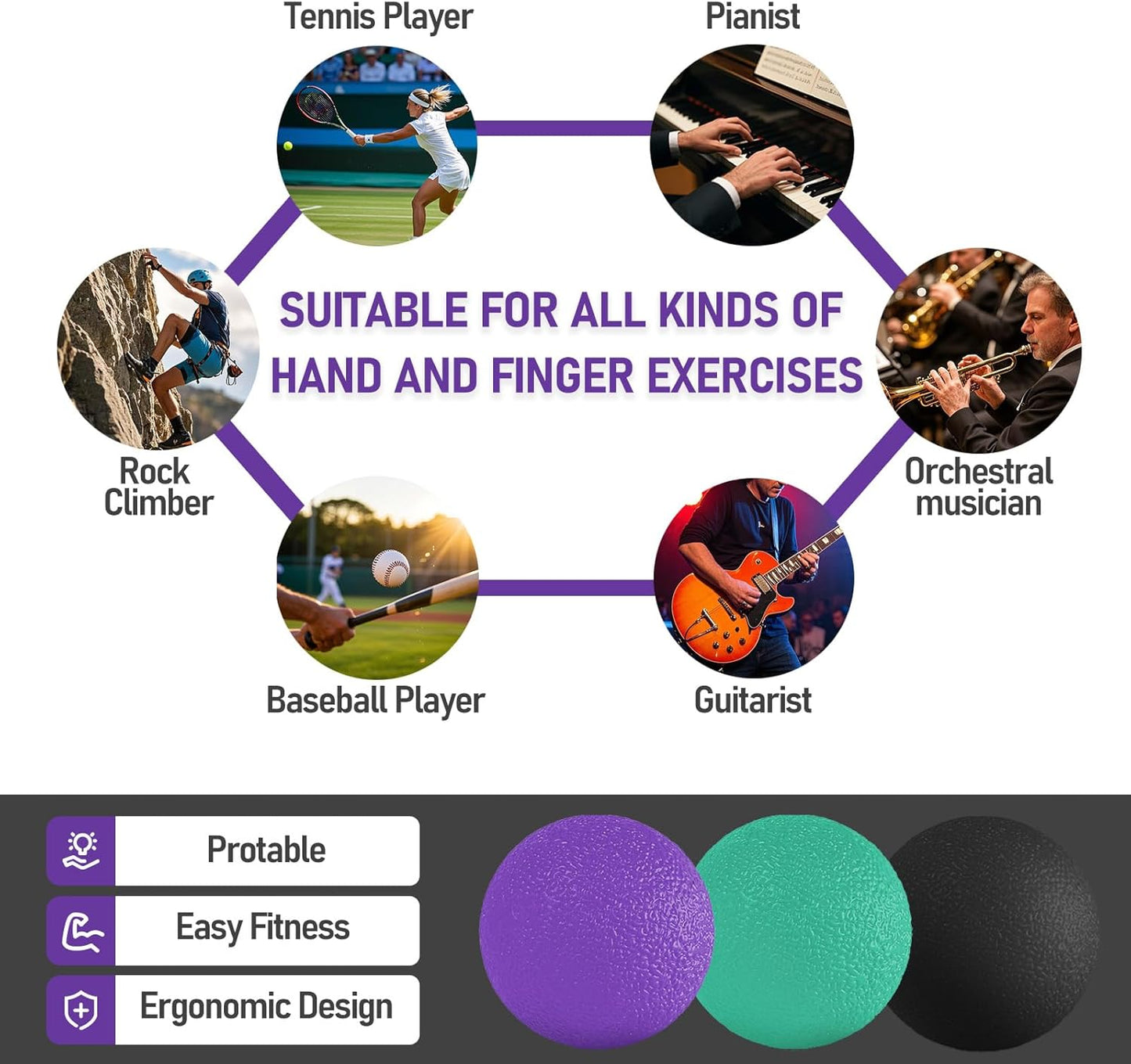 3-Pack Stress Balls for Adults - Hand Therapy, Finger Strengthening Exercises