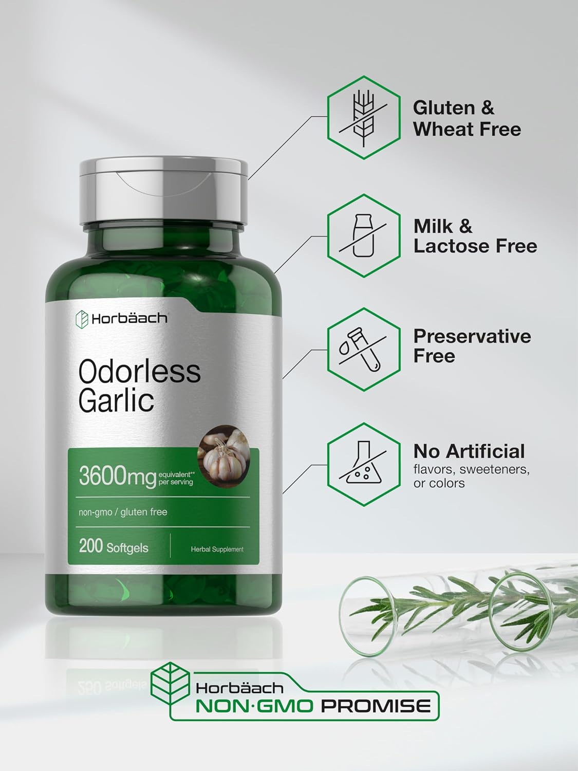 Horbäach Odorless Garlic Softgel Supplement | 200 Pills | Ultra Potent Concentrated Herbal Extract | Non-GMO & Gluten Free