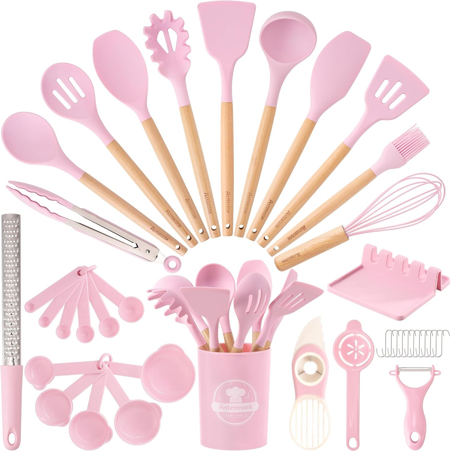 Astercook 39 PCS Kitchen Utensils Set, Silicone Cooking Utensil Sets with Wooden Handle, 446°F Heat Resistant Food Grade Spatula Set, BPA Free Kitchen Gadgets Tools Set & Spoons for Nonstick Cookware