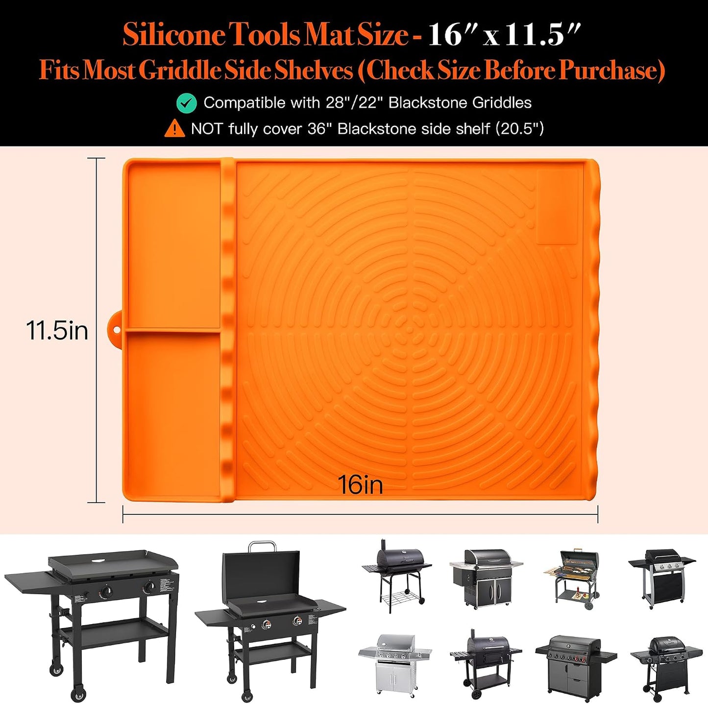 Silicone Grill Mat for Blackstone - BBQ Griddle Tools Side Mat with Drip Pad, Griddle Tools Mat for Outdoor Kitchen Countertop, BBQ Grill Accessories Gifts for Men (Orange)