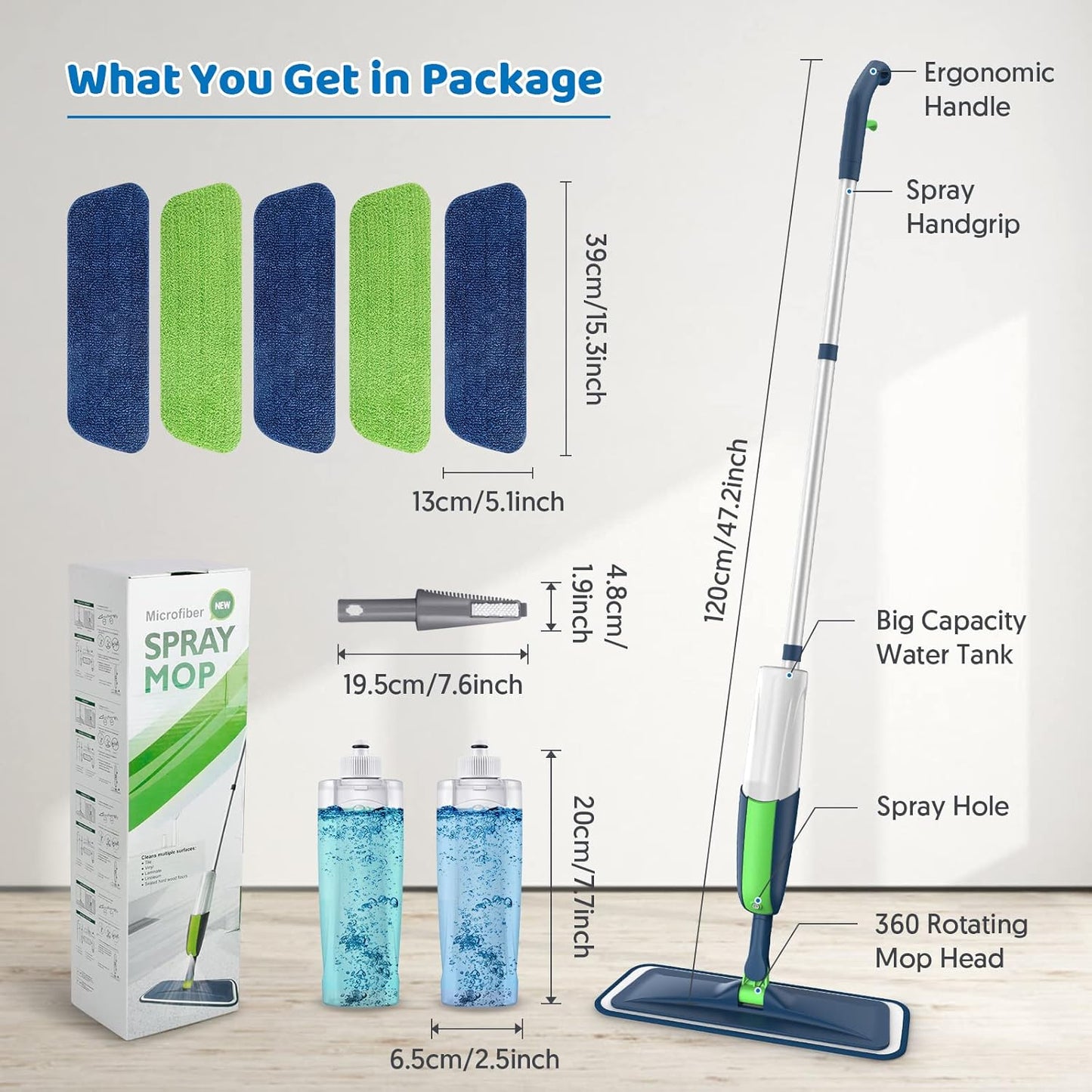 Spray Wet Mops for Hardwood Floor Cleaning: MEXERRIS Floor Mop with 5 Washable Pads for Swiffer Powermop & 2 Refillable Bottles - Home Commercial Dust Dry Mops for Wood Laminate Vinyl Tiles Ceramic