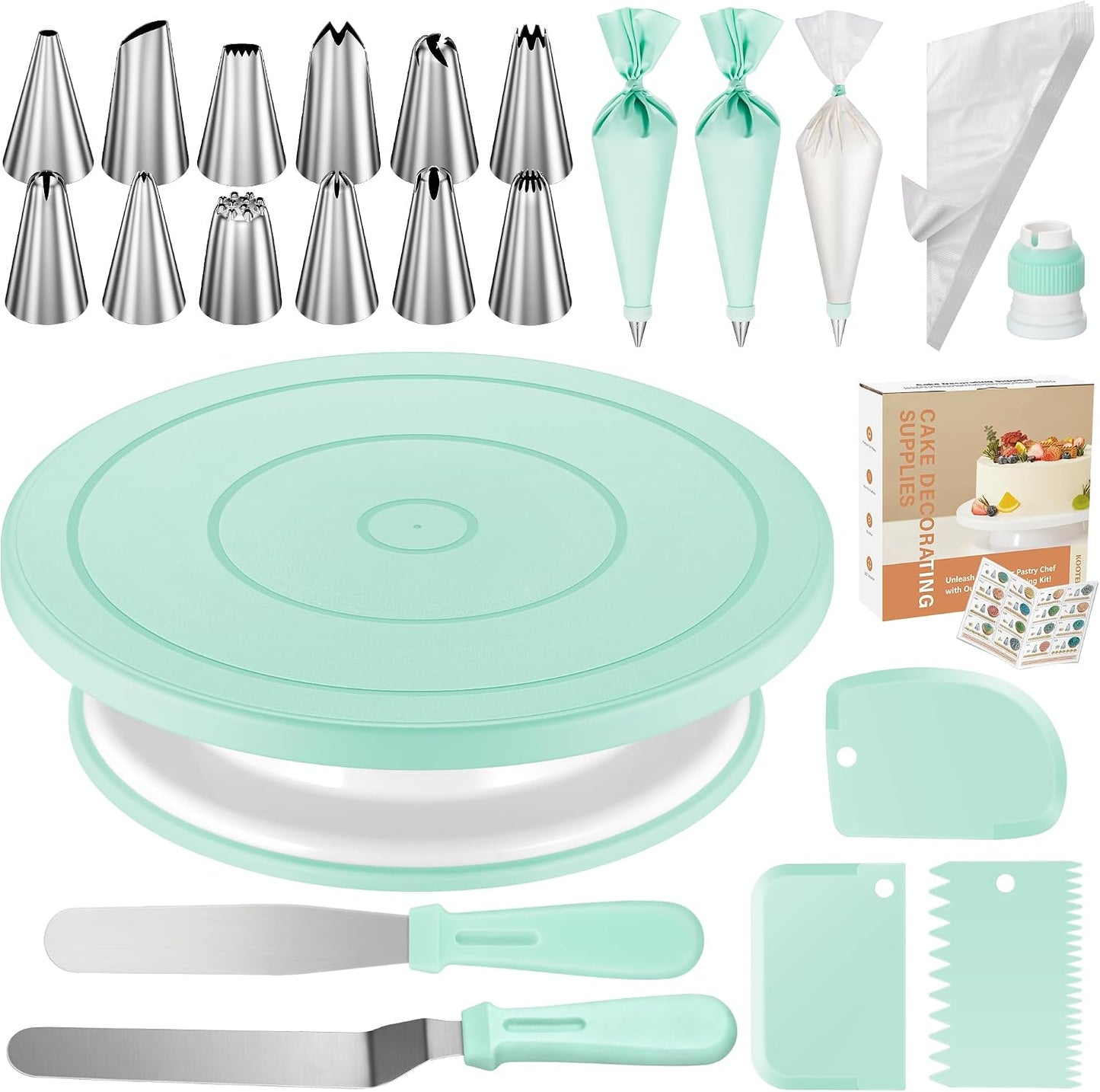 Kootek 158PCs Cake Decorating Kit, Baking Supplies Tools - Includes Cake Stand Turntable, 64 Icing Piping Tips Set, 2 Frosting Spatulas, 3 Scrapers, 50+2 Pastry Bags, Coupler, Video Tutorial, Booklet