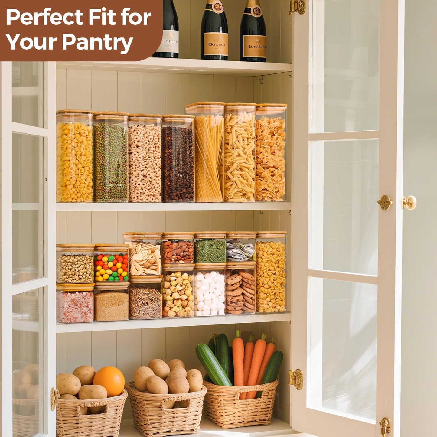 ComSaf Glass Pantry Storage Containers (0.7Qt/1.2Qt/1.6Qt) Set of 6, Square | Glass Storage Containers with Lids, Kitchen Canisters, Pantry Jar, Bamboo Lid with Silicone Seal, Flour Cereal Tea, BPA Free