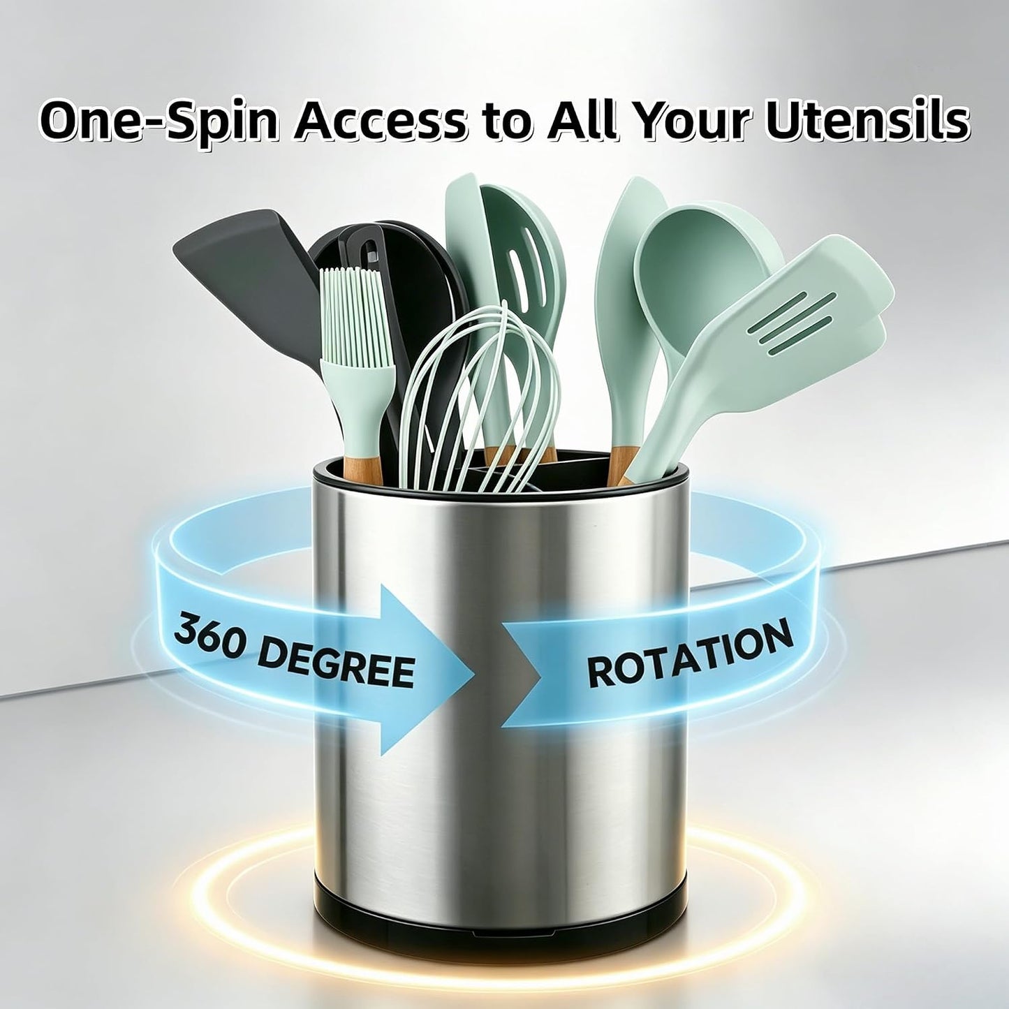 Kitchen Utensil Holder,Extra Large 360°Rotating For Countertop Organizer | Stainless Steel Storage,Hold 40 Utensils,Cooking Silverware Caddy 3 Compartment Spoon Spatula Tool Container（Silvery）