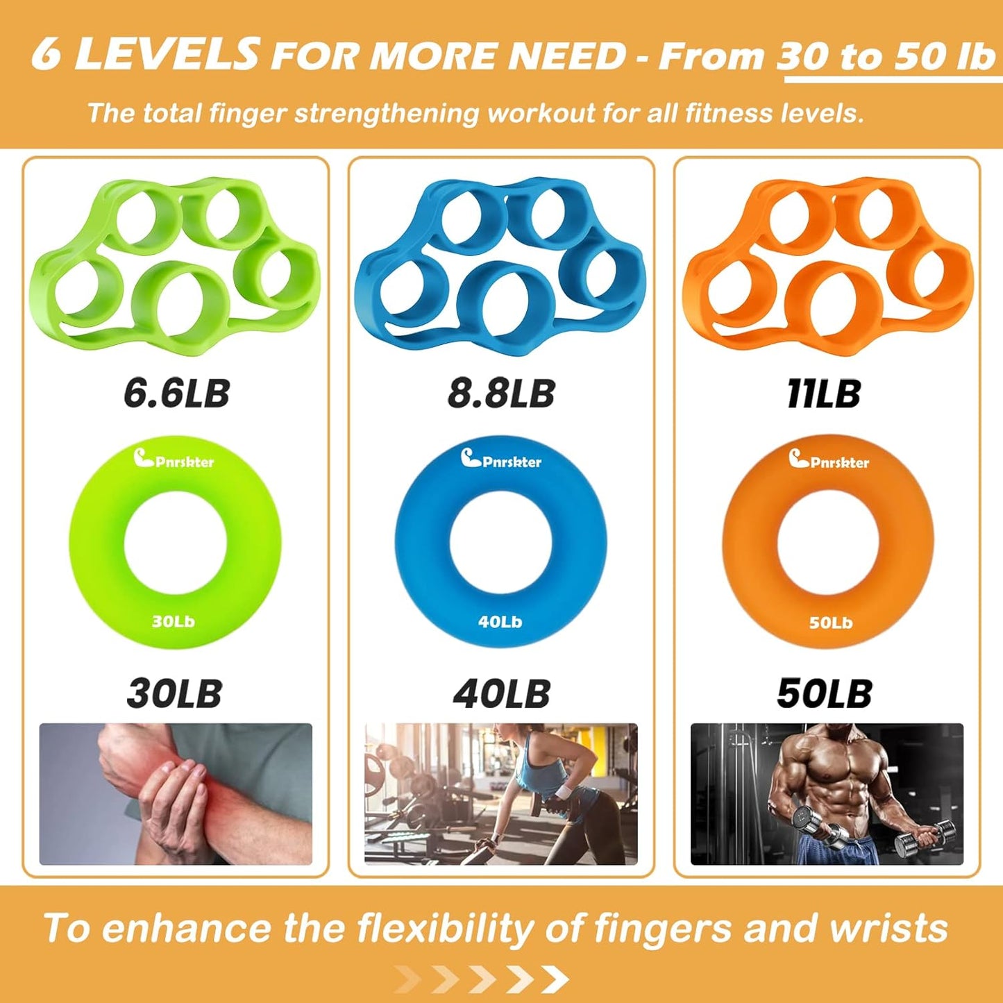Hand Grip Strengthener, Finger Exerciser, 6-Pc Set, Silicone
