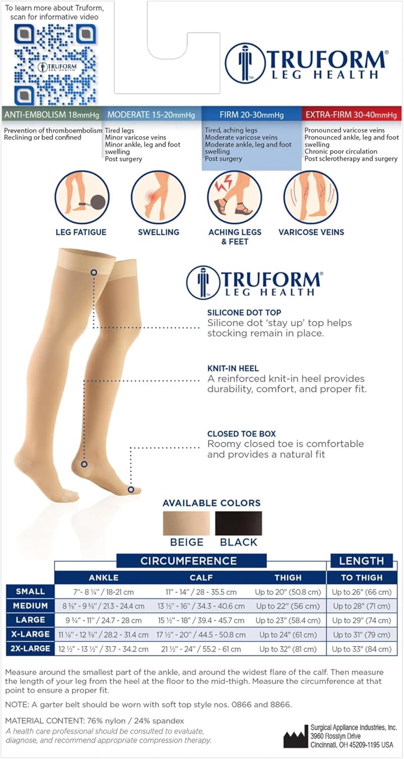 Truform 20-30 mmHg Compression Stockings, Thigh High, Beige, Large, Unisex