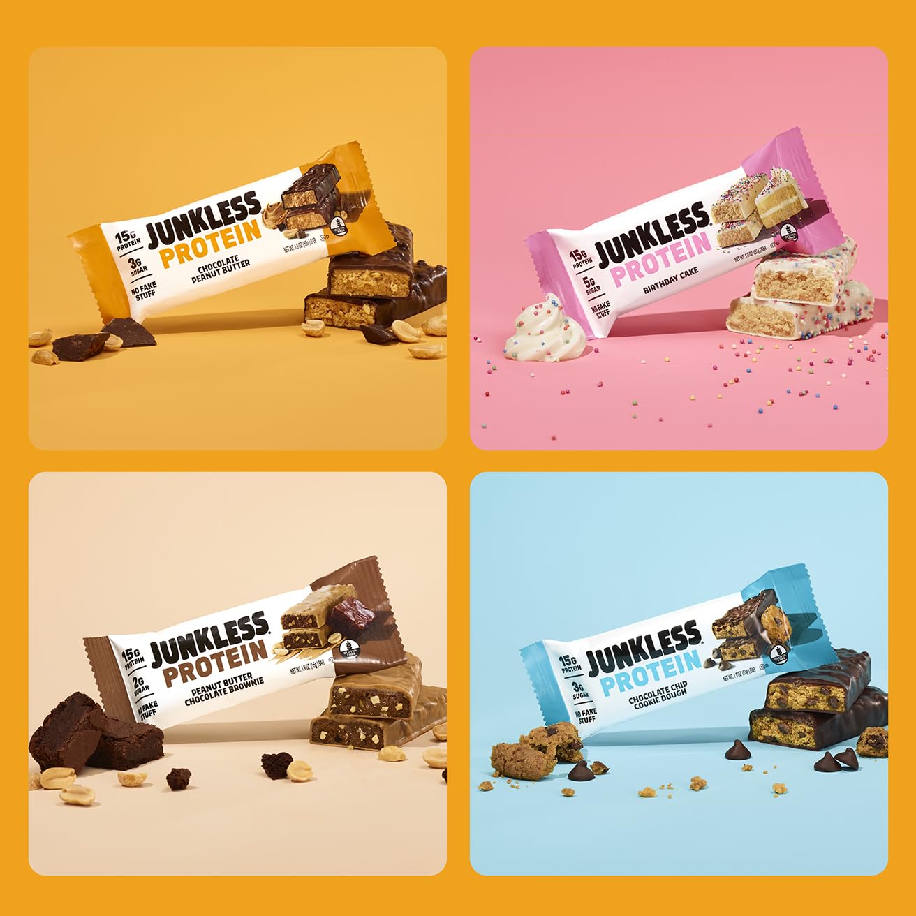 JUNKLESS Protein Bars Variety Pack with 4 Flavors and 12 Bars