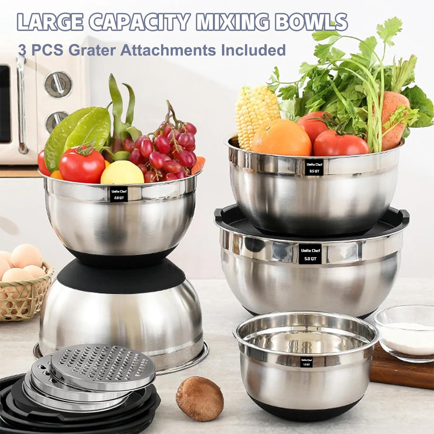 Umite Chef Mixing Bowls with Airtight Lids Set, 8PCS Stainless Steel Nesting Bowls Set, 3 Grater Attachments & Non-Slip Bottoms, Size 5, 4, 3.5, 2, 1.5QT for Baking & Mixing(Black)