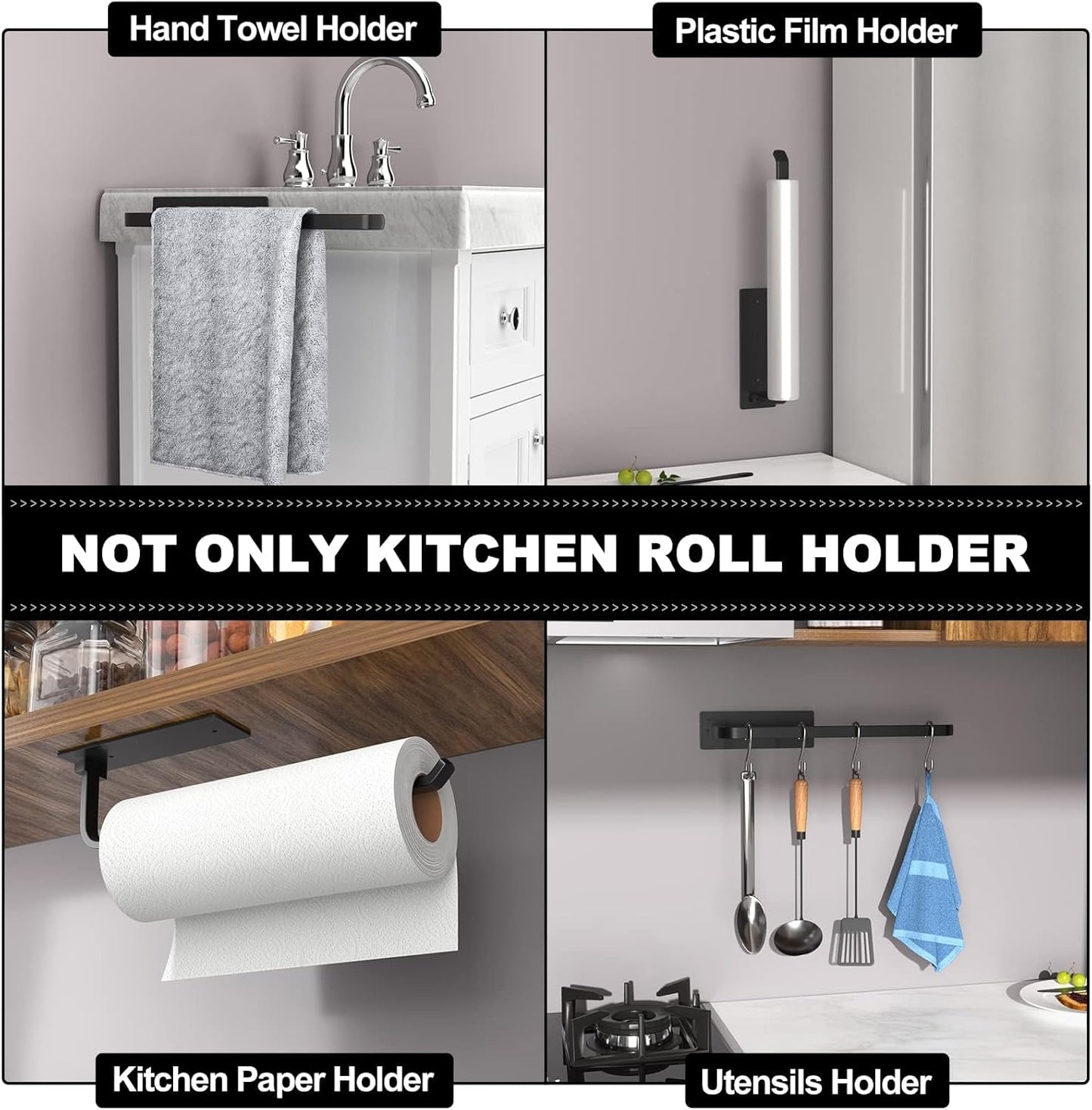 Paper Towel Holder - Self-Adhesive or Drilling, Matte Black | Under-Cabinet or Wall-Mounted | Kitchen Roll Dispenser | Upgraded Aluminum | Lighter Yet Stronger Than Stainless Steel
