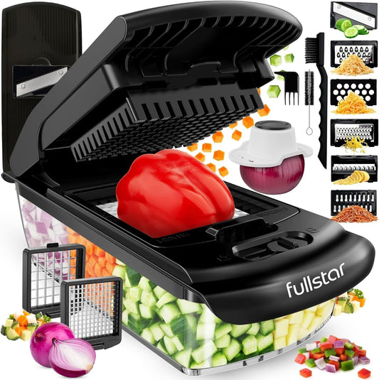 Fullstar Pro Original Vegetable Chopper & Mandoline Slicer Kitchen Gadget | 8 in 1 Veggie Slicer, Onion & Fruit Cutter with Sharp Stainless Steel Blades & Container, All-in-One Meal Prep Tool (Black)