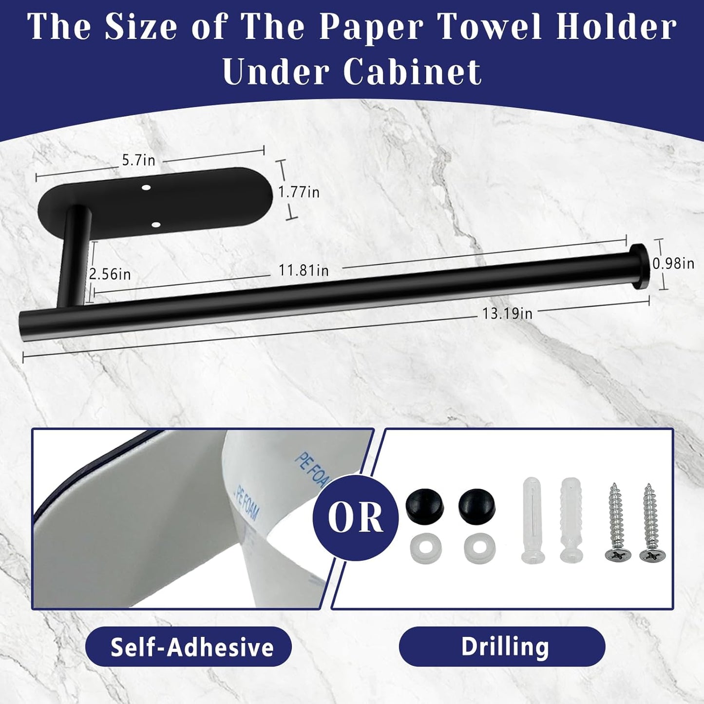 Paper Towel Holder, Self Adhesive or Drilling Paper Towel Holder Under Cabinet, Stainless Steel Black Paper Towel Holders Wall Mount for Kitchen, Bathroom, Sink, Pantry, Fridge