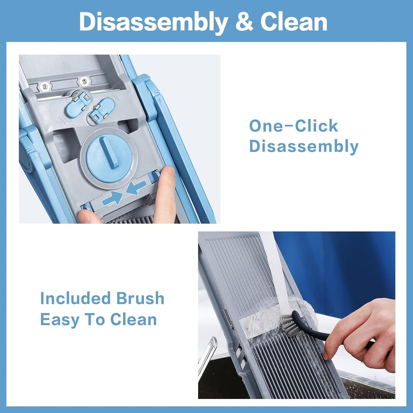 ONCE FOR ALL Upgrade Safe Mandoline Slicer Plus, Bigger Size, SkyBlue | 0.1-8mm Adjustable Vegetable Food Chopper, Potato Fries Cutter, Detachable Blade, Stainless Steel, Dishwasher-safe, Gift