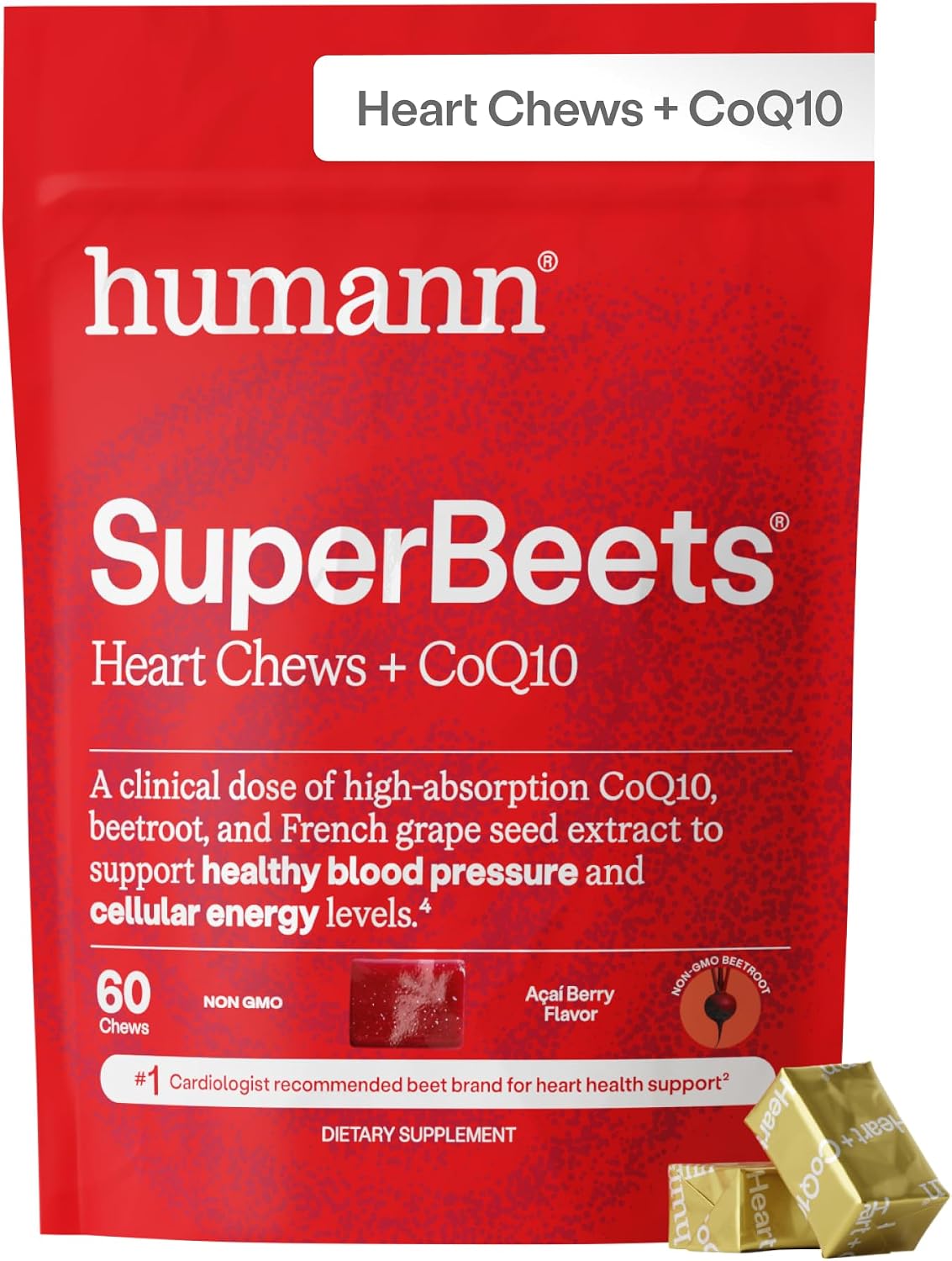 HumanN SuperBeets 3-in-1 Heart Chews with CoQ10 and Beetroot
