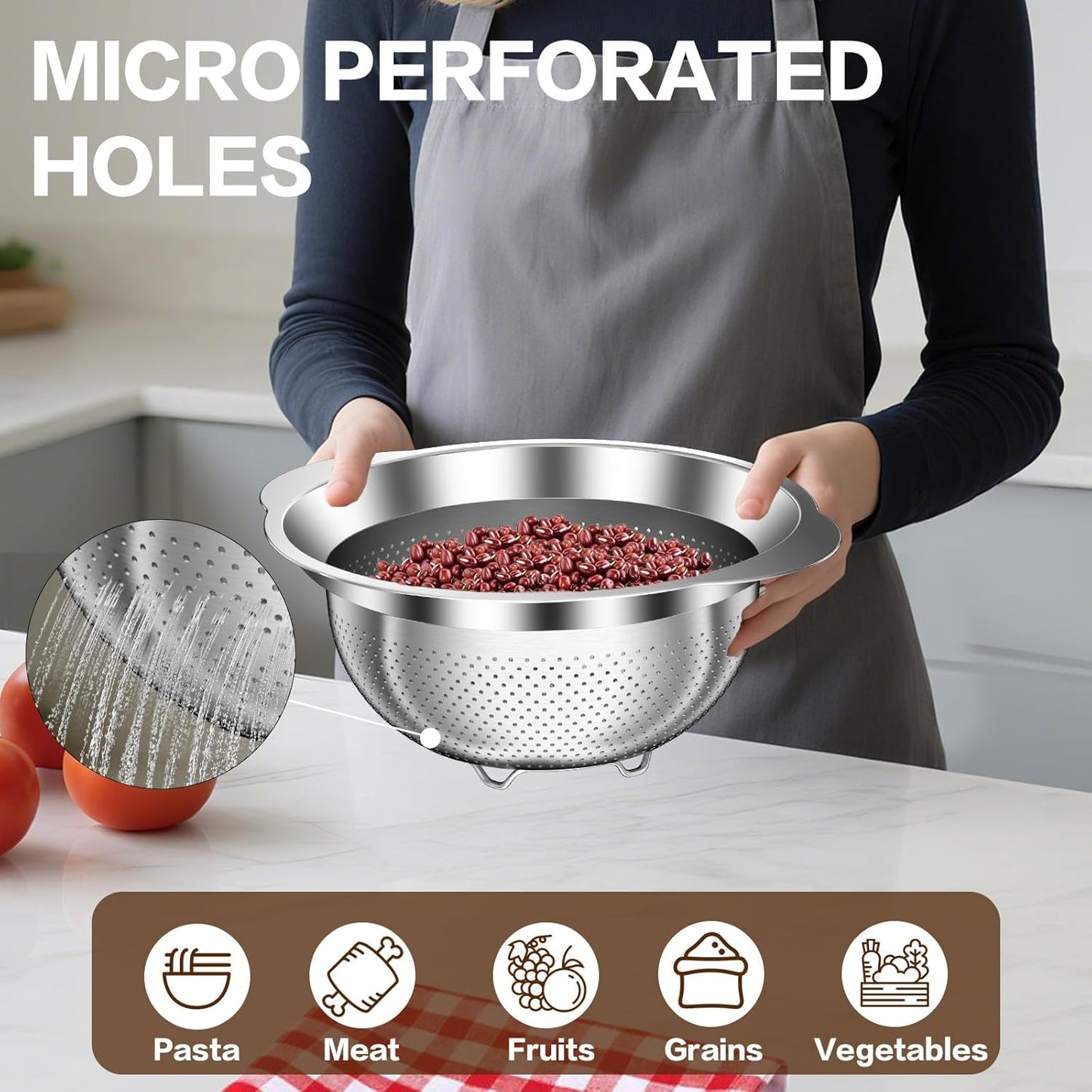 Stainless Steel Colander for Kitchen, Stainless Steel Strainer, Pasta Strainer for Spaghetti Fruit Cooking Food, 3 Pcs Strainers and Colanders(2QT, 3QT, 5QT), Dishwasher Safe, Kitchen Present
