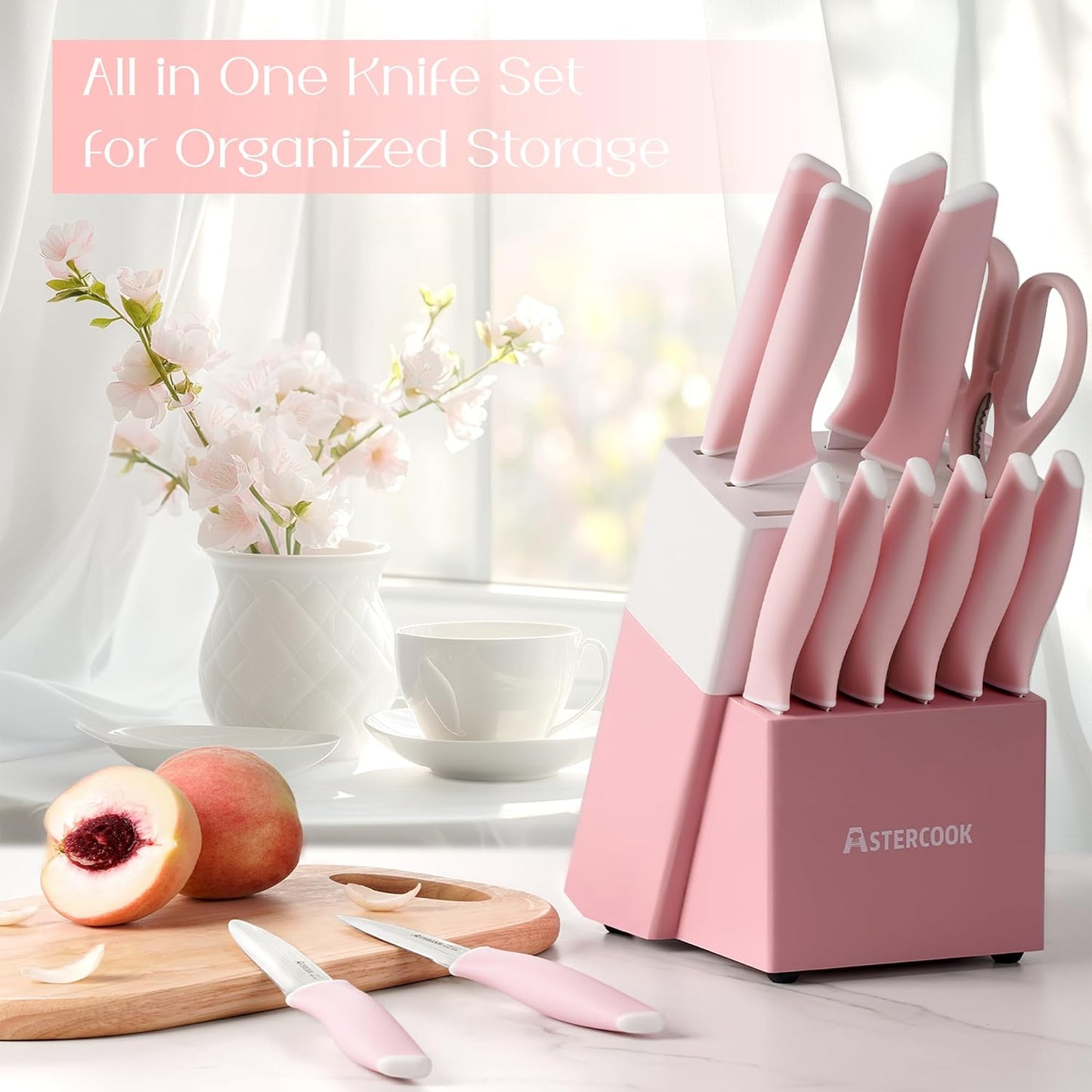 Astercook Knife Set, Kitchen Knives Set with Block and Sharpener 15 Pcs German Stainless Steel Knives Sharp Blade Dishwasher Safe Deba Knives with Ergonomic Handle, Crystal Pink