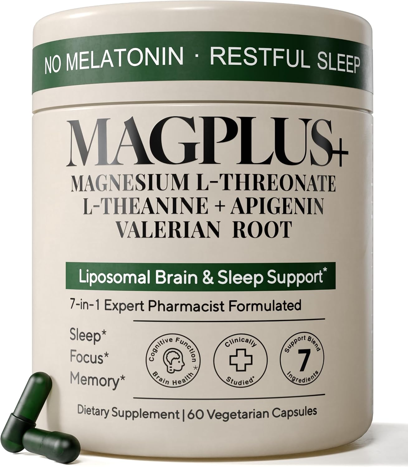 Magnesium L-Threonate with Apigenin, Valerian Root & L-Theanine – No Melatonin Restful Sleep & Brain Supplement – Clinically Studied 7-Ingredient Formula – Memory & Focus – 60 Capsules