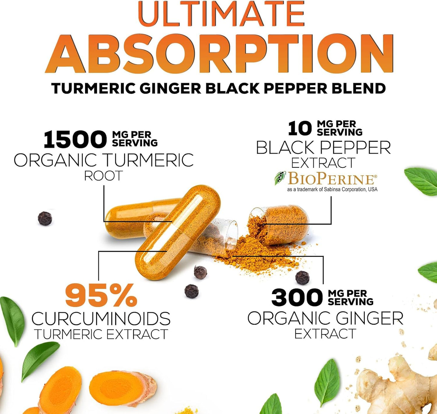 Turmeric Curcumin Supplement - 95% Curcuminoids with Organic Turmeric & Ginger, BioPerine Black Pepper Extract for Best Absorption, Natural Vegan Joint Support, Non-GMO, Bottled in USA - 240 Capsules