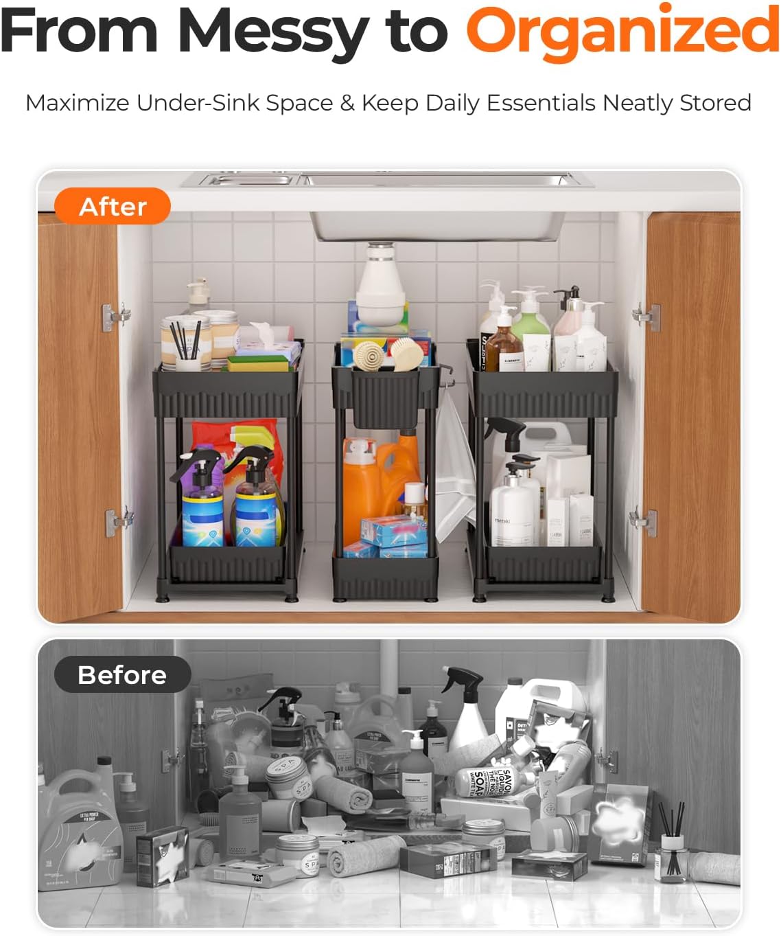 Sevenblue 3-Pack 2-Tier Under Sink Organizers with Sliding Drawers | Multi-use kitchen & bathroom storage, 12.8 inch black cabinet organizer, space-saving sliding drawer design.
