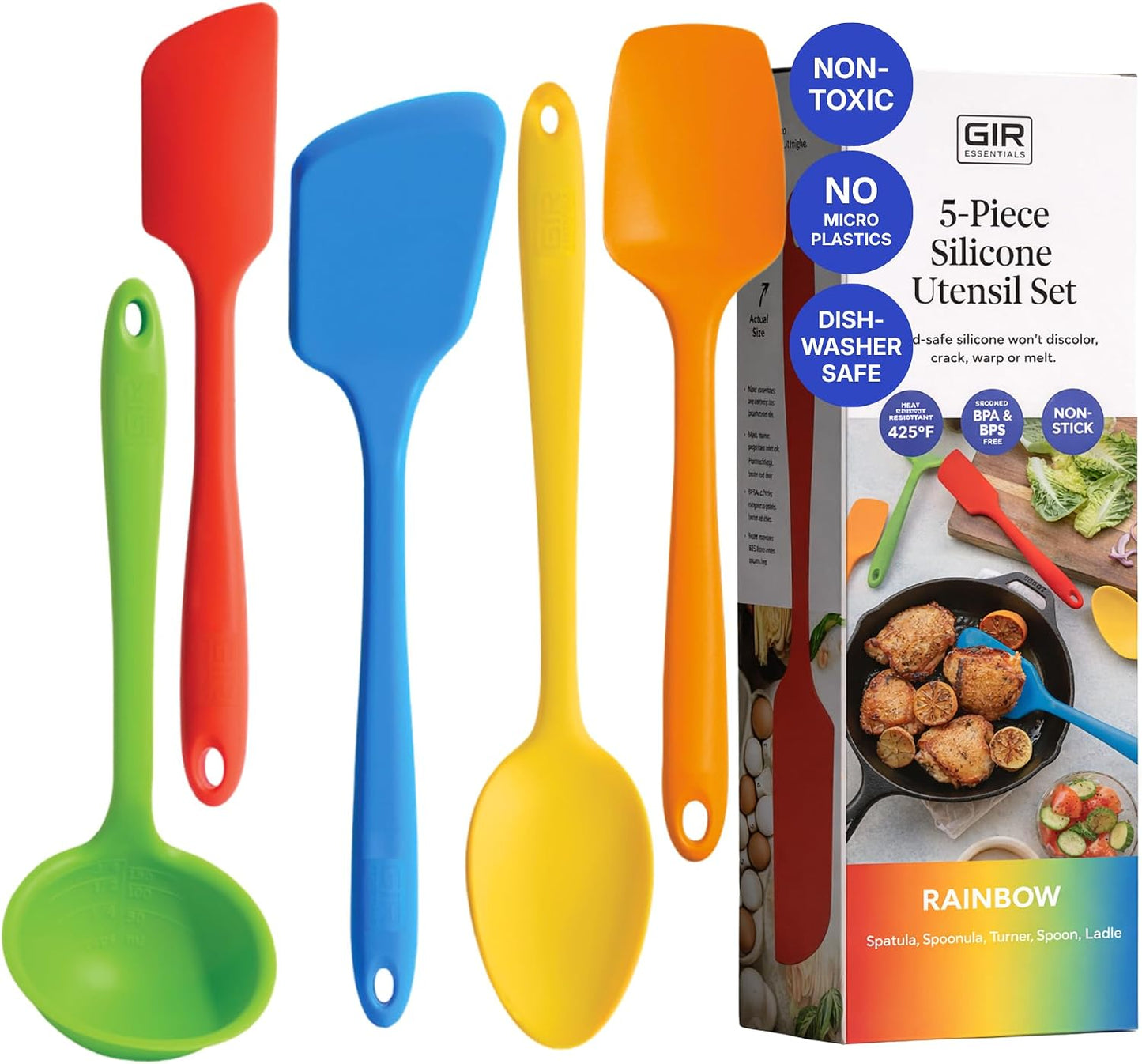 GIR 5-Piece Silicone Kitchen Utensils Set, Non-Toxic Cooking Utensils for Cooking and Baking, Heat Resistant, Food Grade, Dishwasher Safe Rubber Spatula, Ladle, Spoon - Charcoal