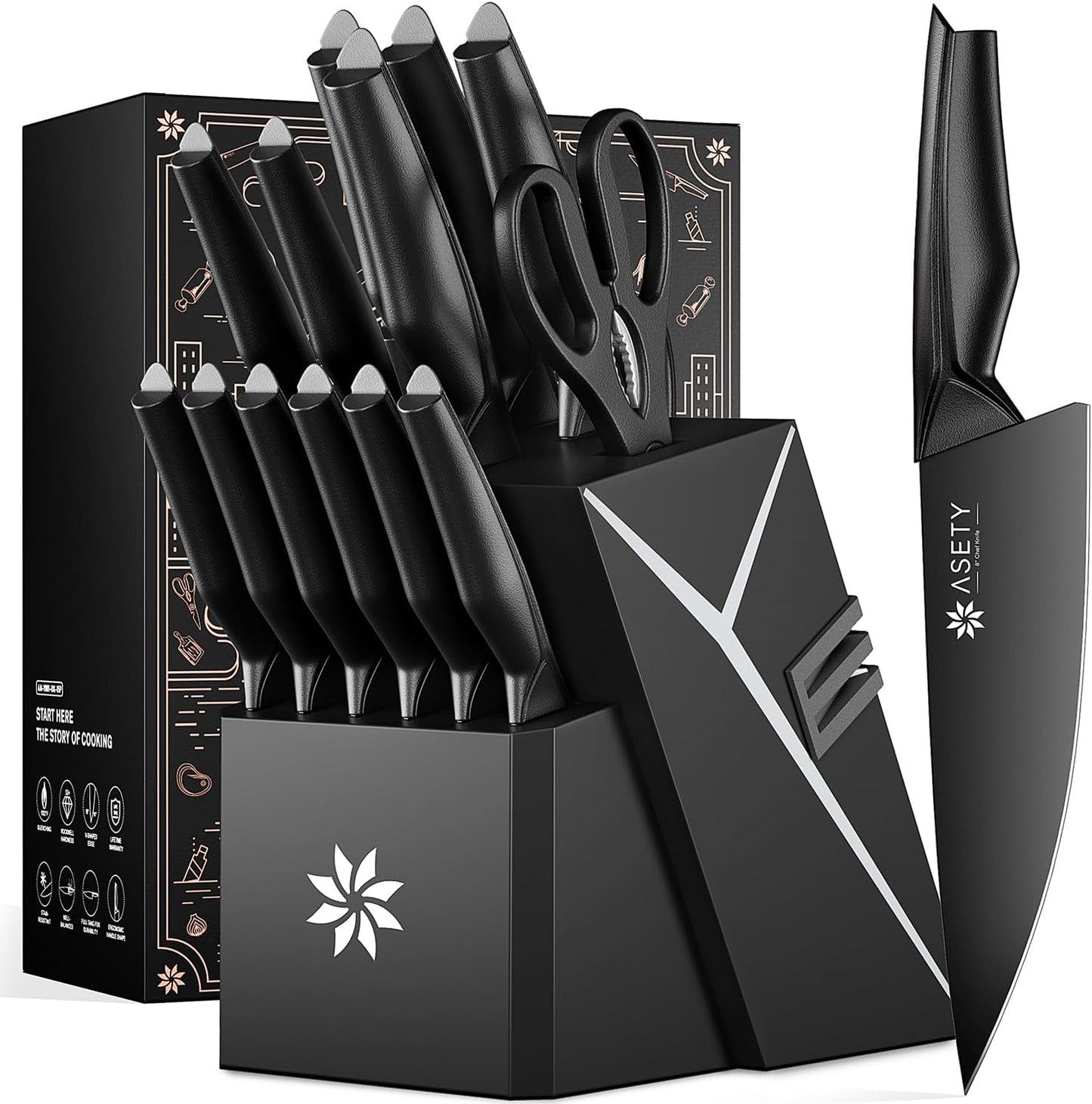 ASETY Knife Set, 15 PCS Kitchen Knife Set with Built-in Sharpener Block | Razor Sharp, Dishwasher Safe knives, Stainless Steel Knife Block Set, Ergonomic Non-Slip Handle, Elegant Box for Men Women