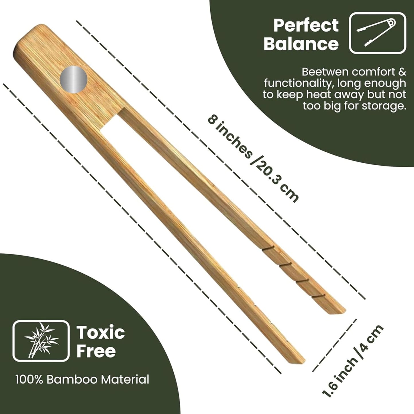 Toaster Tongs With Magnet | Kitchen Utensils For Cooking and Holding Toast Bacon Muffin Bagel Bread | 8 Inch Long Natural Non Toxic Bamboo