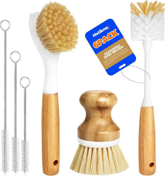 Holikme 6 Pack Dish Brush Kitchen Brushes Set with Vegetable Palm Brush, Bottle Brush, Dish Brush and Straw Brush, Fruit Cleaning Brushes for Cleaning Potato Skillet Wok Pot Pan Cast Iron, Yellow