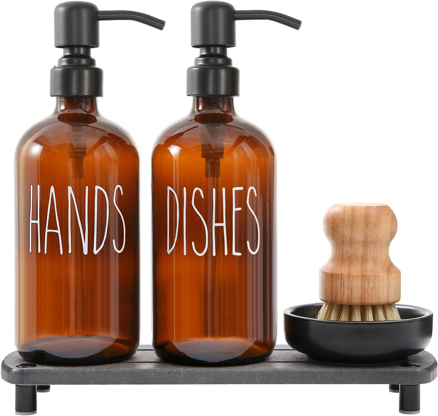 MOMEEMO Gold Soap Dispenser Set Comes with Stainless Steel Pumps | Instant Dry Tray and Dish Scrub Brush, Suitable for Kitchen Decor and Accessories