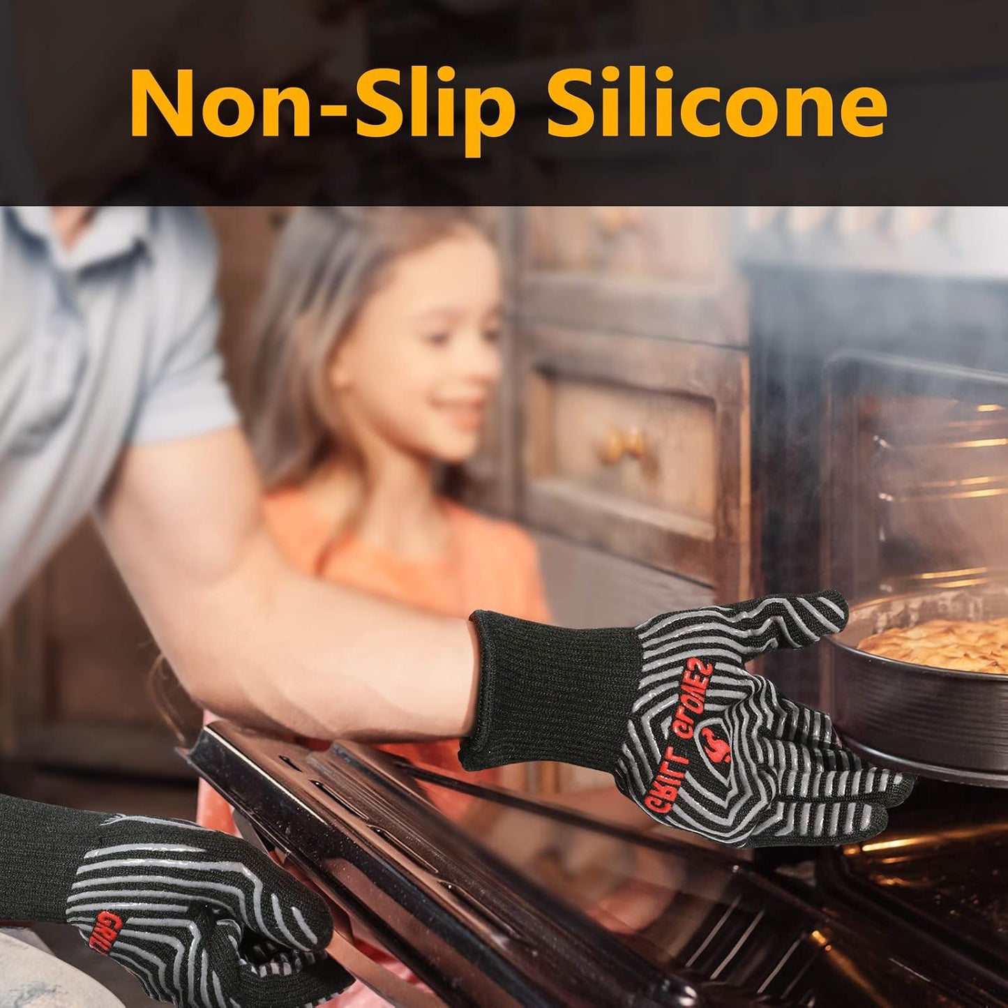 QUWIN BBQ Gloves, 1472°F Heat Resistant Grilling Gloves Silicone Non-Slip Oven Mitts, Kitchen Gloves for BBQ, Grilling, Cooking, Baking(One Size Fits Most, Black)- 1 Pair