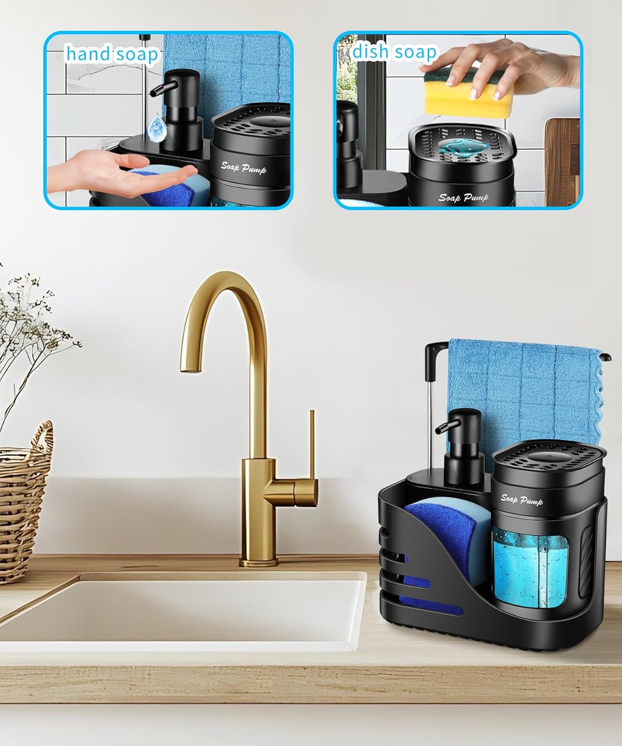 Kitchen Soap Dispenser Set, 4-in-1 Dual Hand and Dish Soap Dispenser with Sponge Holder and Dishcloth Holder for Kitchen Sink (Black)