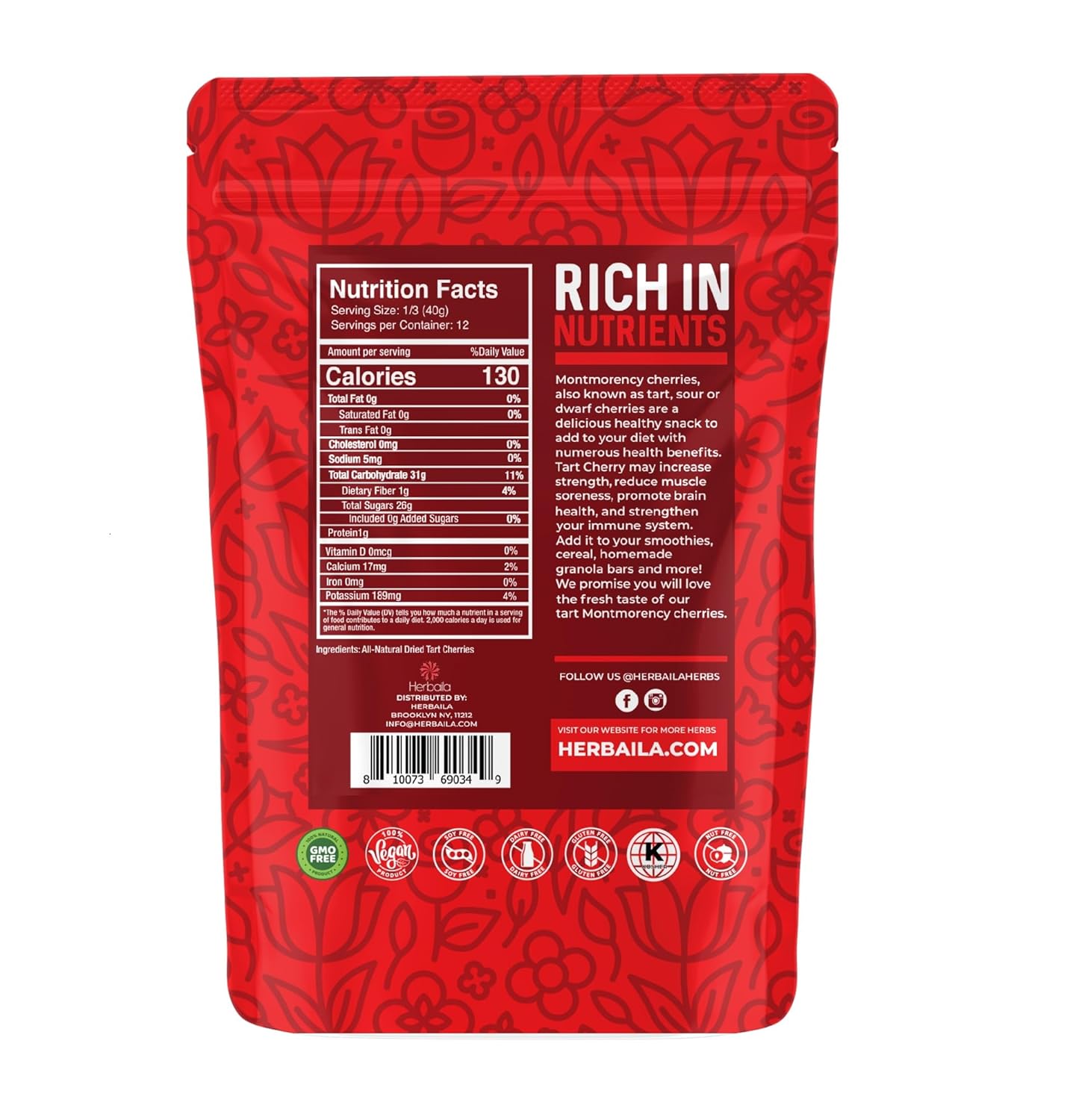 Dried Montmorency Tart Cherries, 1lb, All-Natural, Unsweetened, Non-GMO