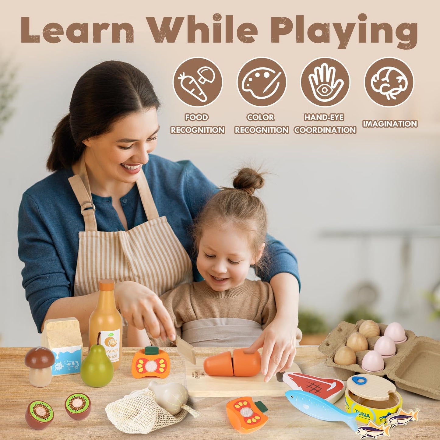 Lehoo Castle Wooden Play Food Sets for Kids Kitchen, Grocery Food Toys for Toddlers 3+ Year Old, Cutting Fruits Vegetables Meat Fish Shopping Bag, Pretend Play Kitchen Accessories Gift for Boys Girls
