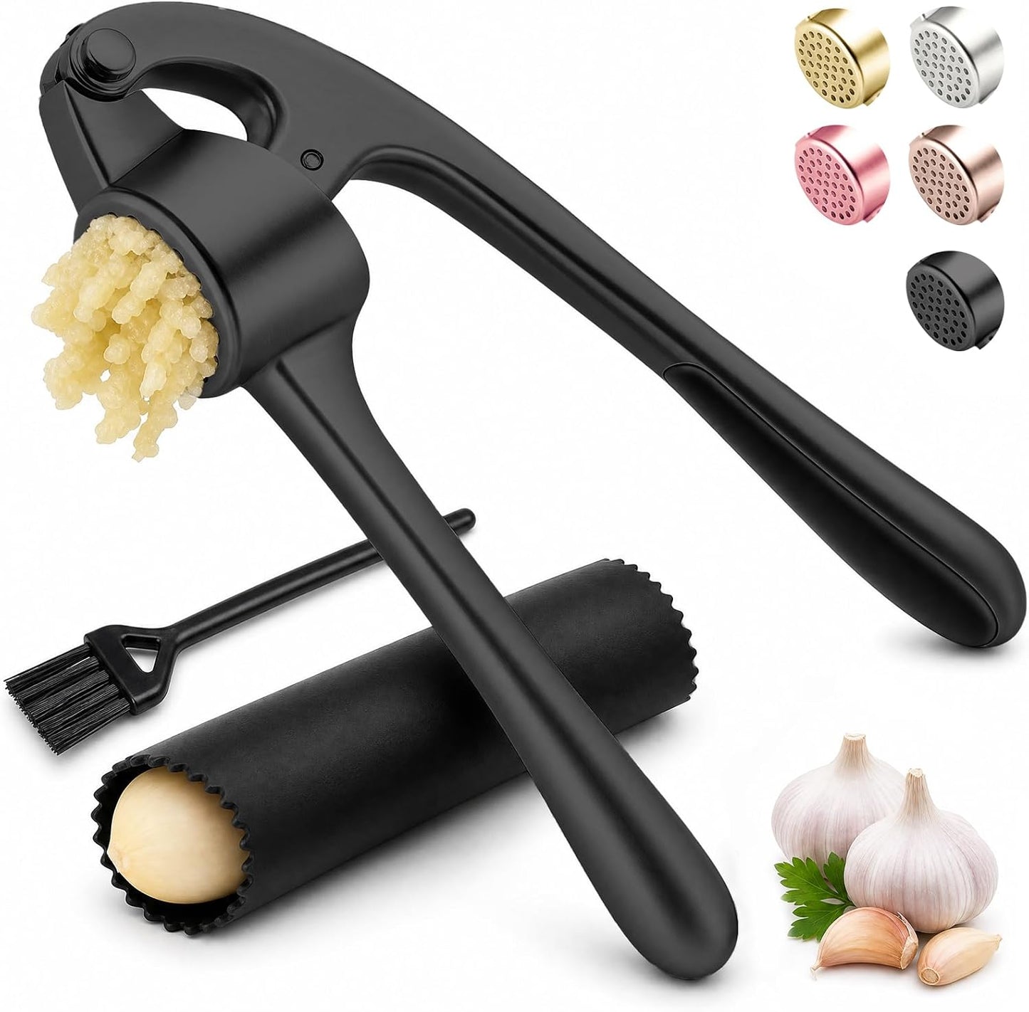 Kitchen Garlic Press, Rust Proof & Dishwasher Safe Garlic Mincer, Durable Garlic Crusher Set with Peeler＆Brush, Easy to Clean and Squeeze, Matte